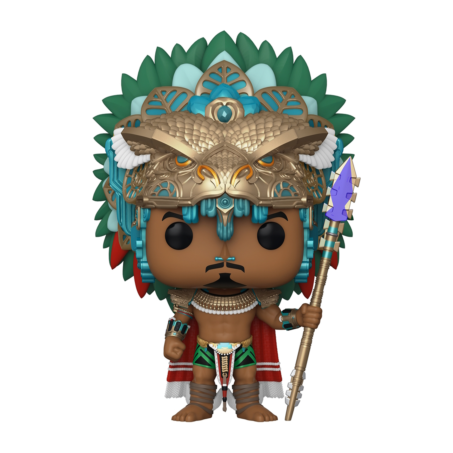 Figura de dios azteca Funko Pop. Lleva un tocado y sostiene una lanza. Piel morena.