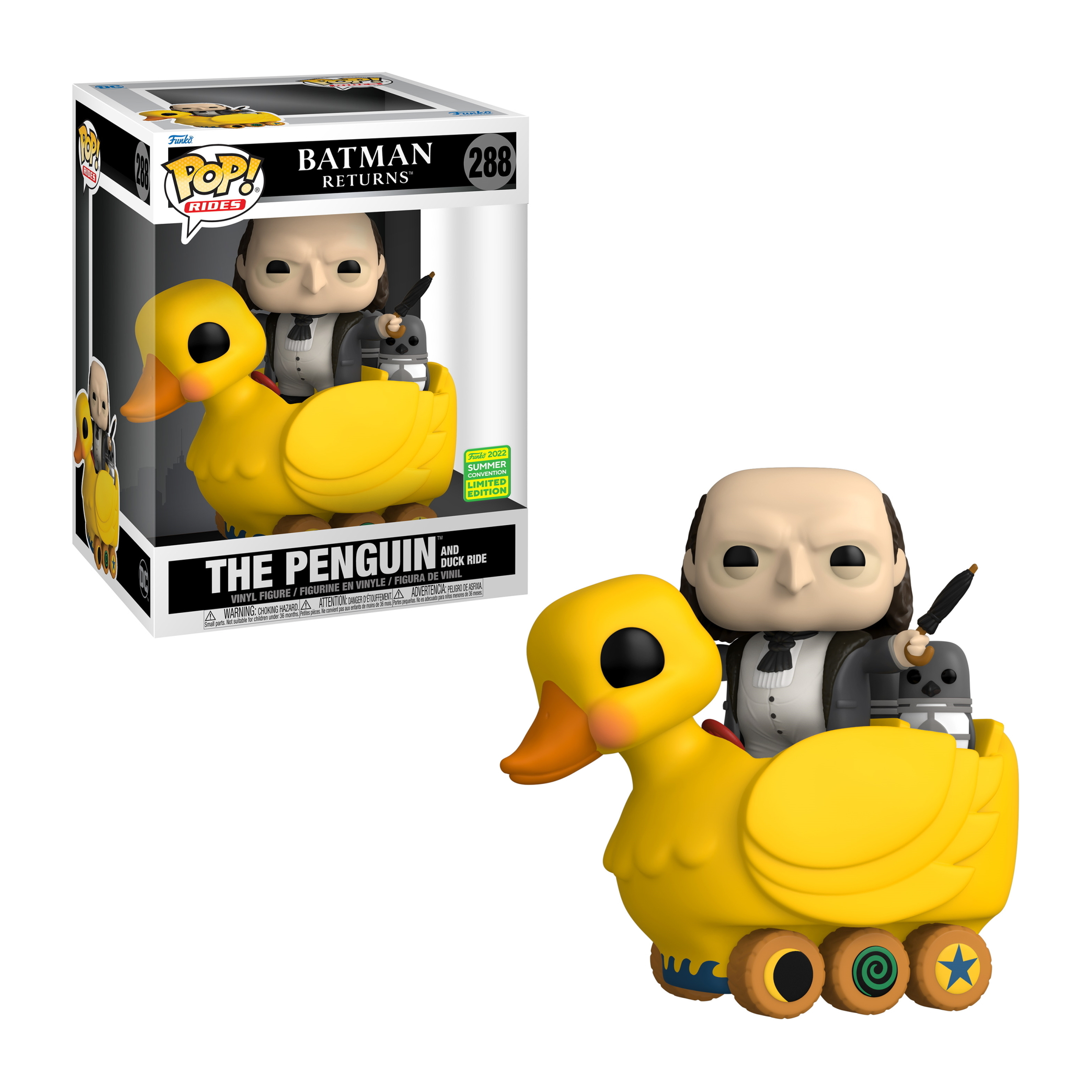 Pinguin und Enten-Fahrt Pop! Vinyl. Pinguin-Figur auf einer gelben Ente. Box im Hintergrund. Weißer Hintergrund.