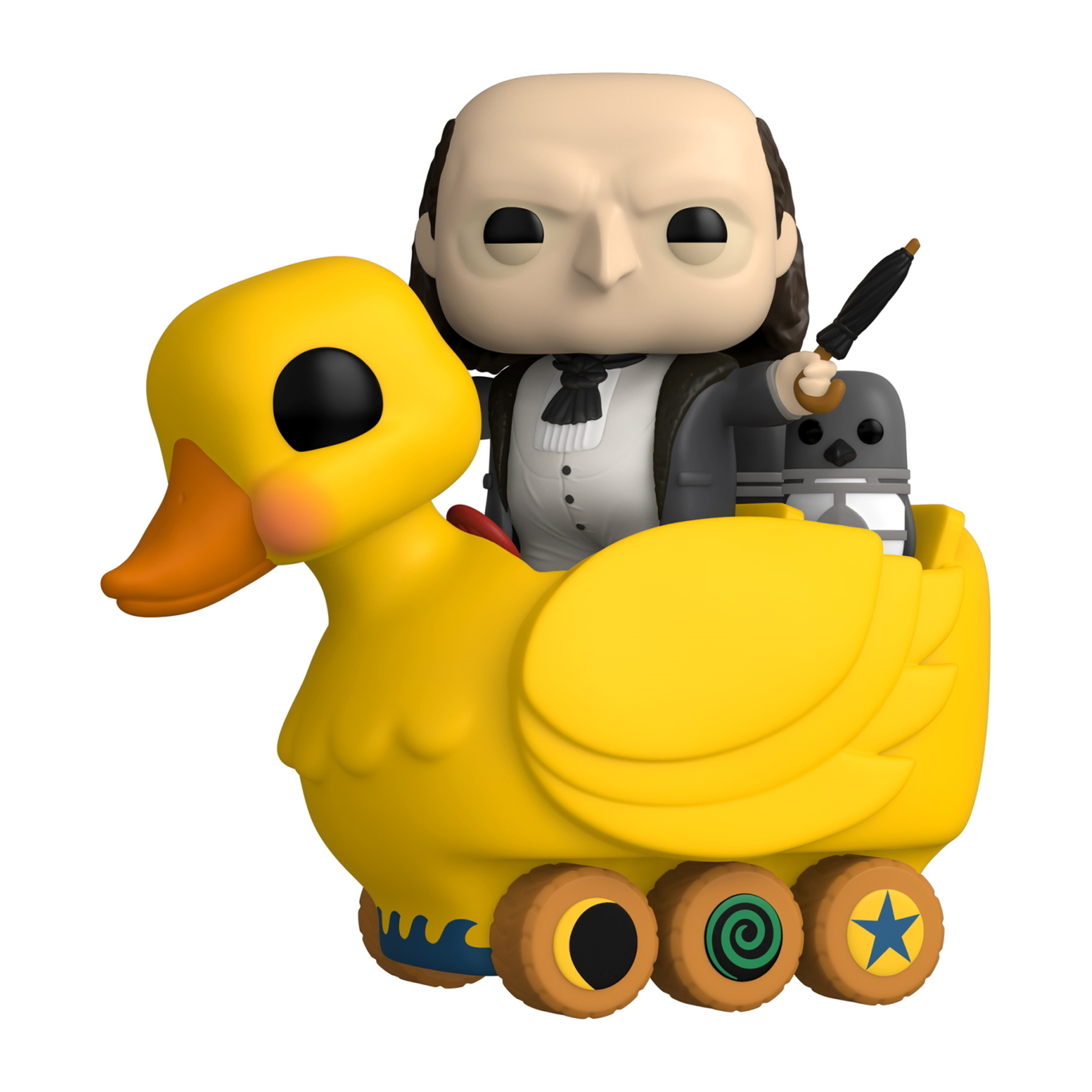 Der Pinguin auf einem gelben Entenauto-Spielzeug. Die Pinguin-Figur mit Regenschirm.
