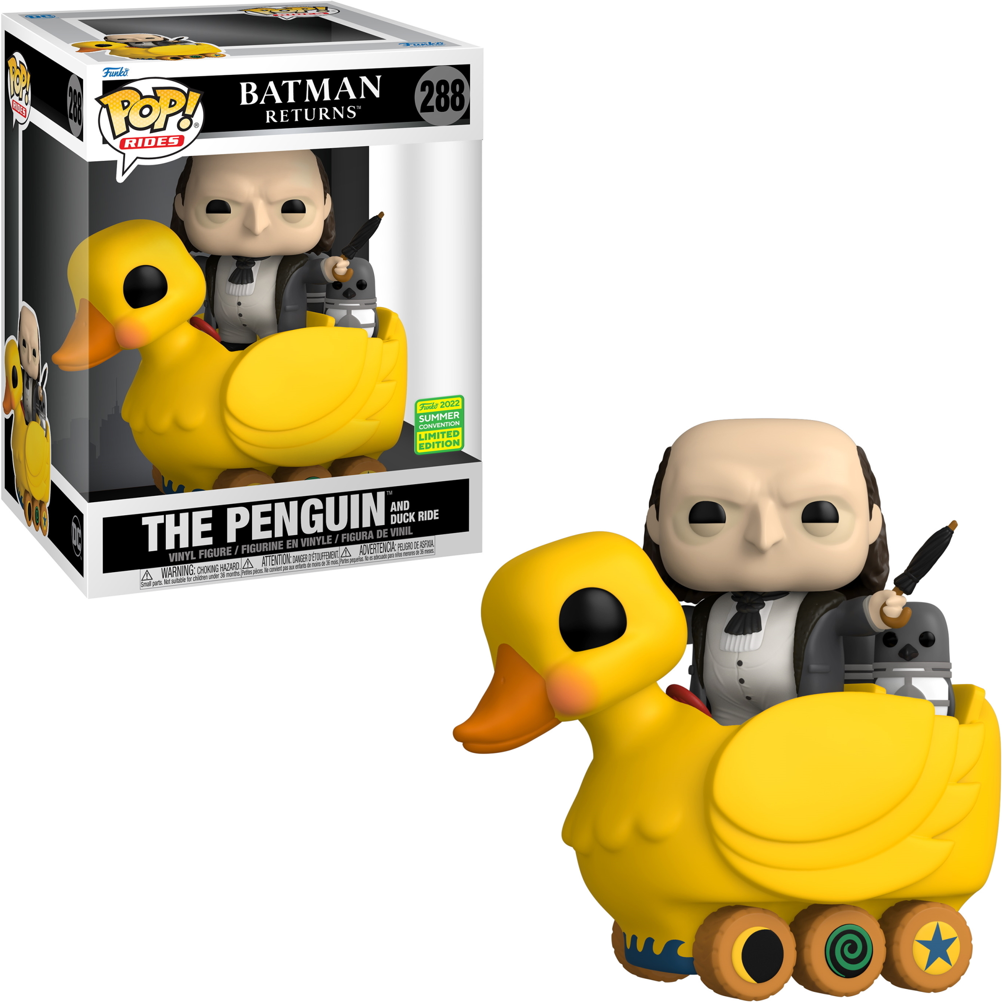 Funko Pop! Pinguin, mit Box. Die Figur sitzt auf einer gelben Ente.