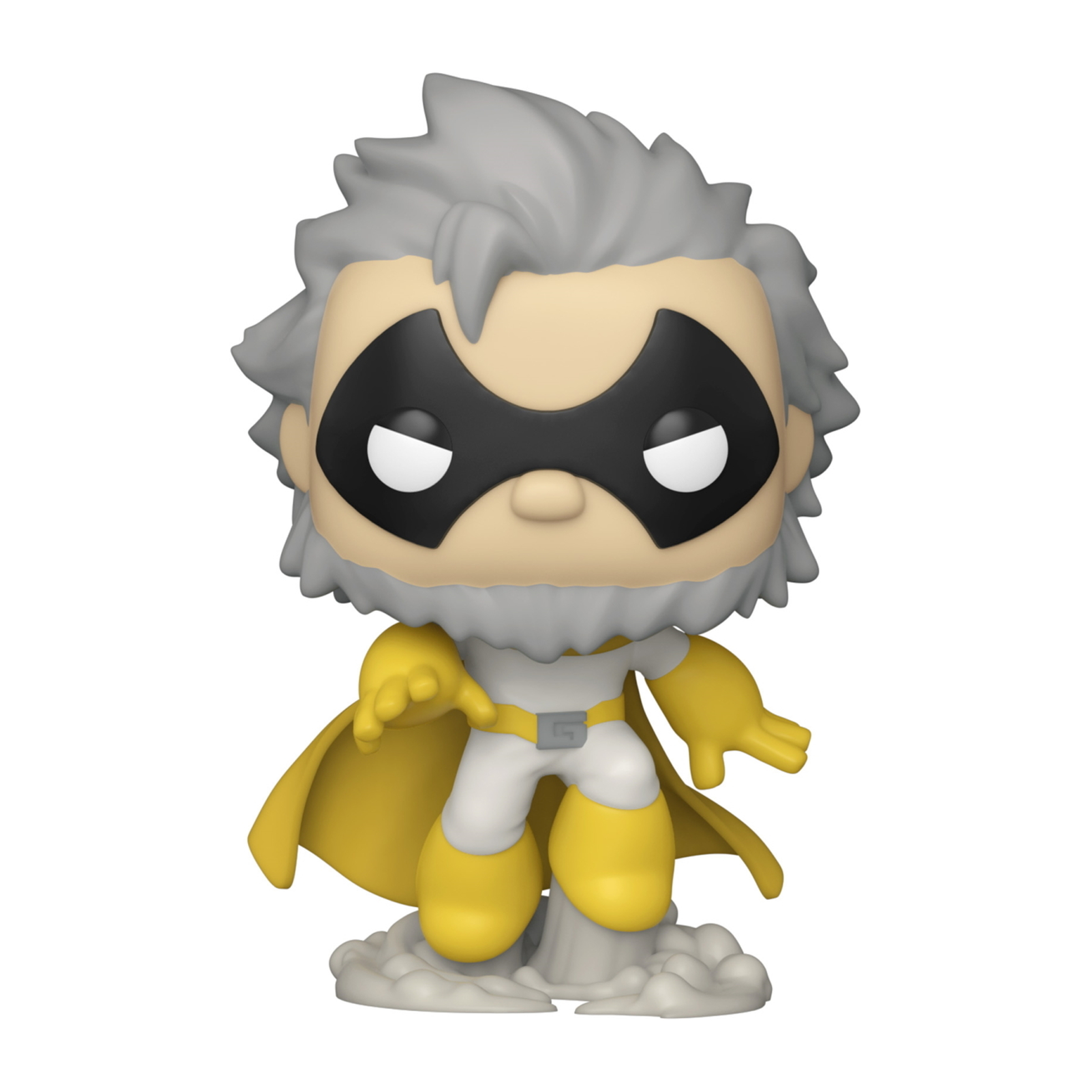 Figurka Funko Pop superbohatera z szarą brodą, żółtym płaszczem i butami, czarną maską.