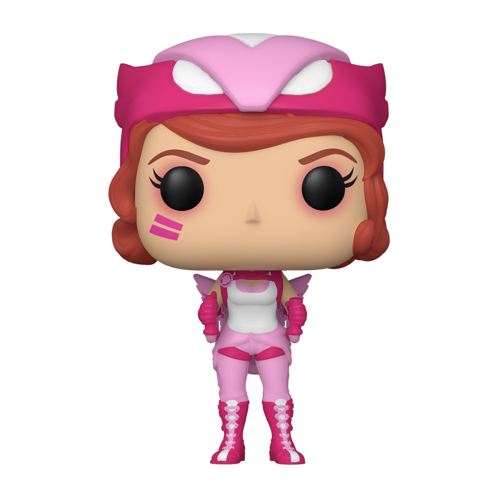 Funko Pop Figur eines weiblichen Superhelden in rosa Kostüm mit Helm. Weißer Hintergrund.