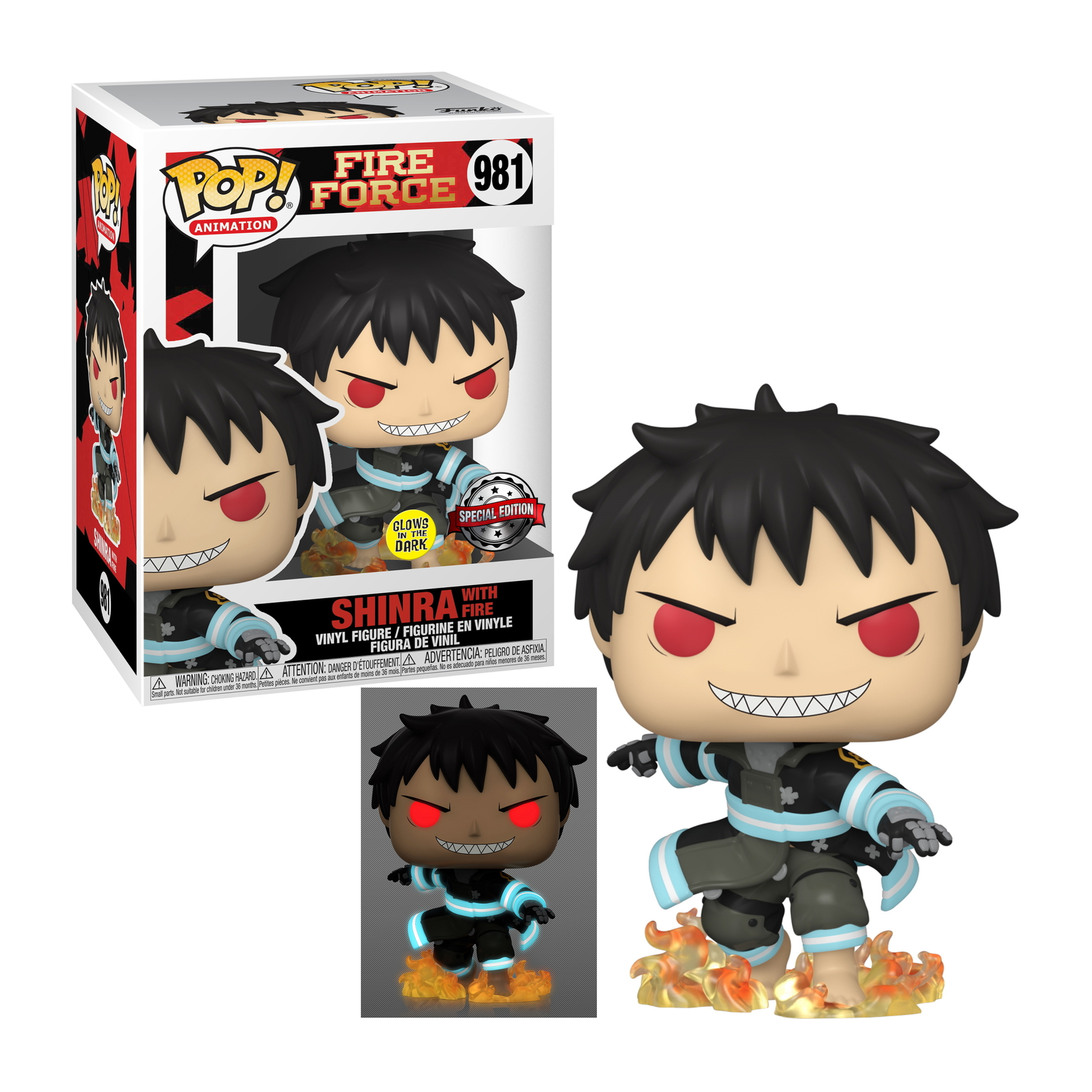 Funko POP von Shinra Kusakabe aus Fire Force. Rote Augen, schwarzes Haar, auf Feuerbasis. Leuchtende Details.
