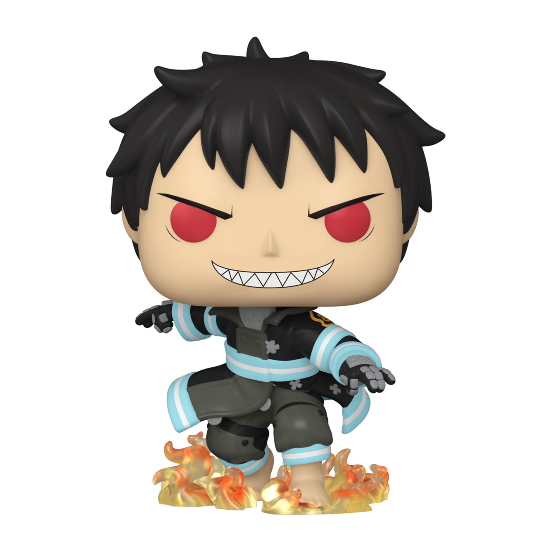Eine Funko Pop-Figur einer Figur aus Fire Force, die auf Flammen steht. Rote Augen und schwarze Haare.