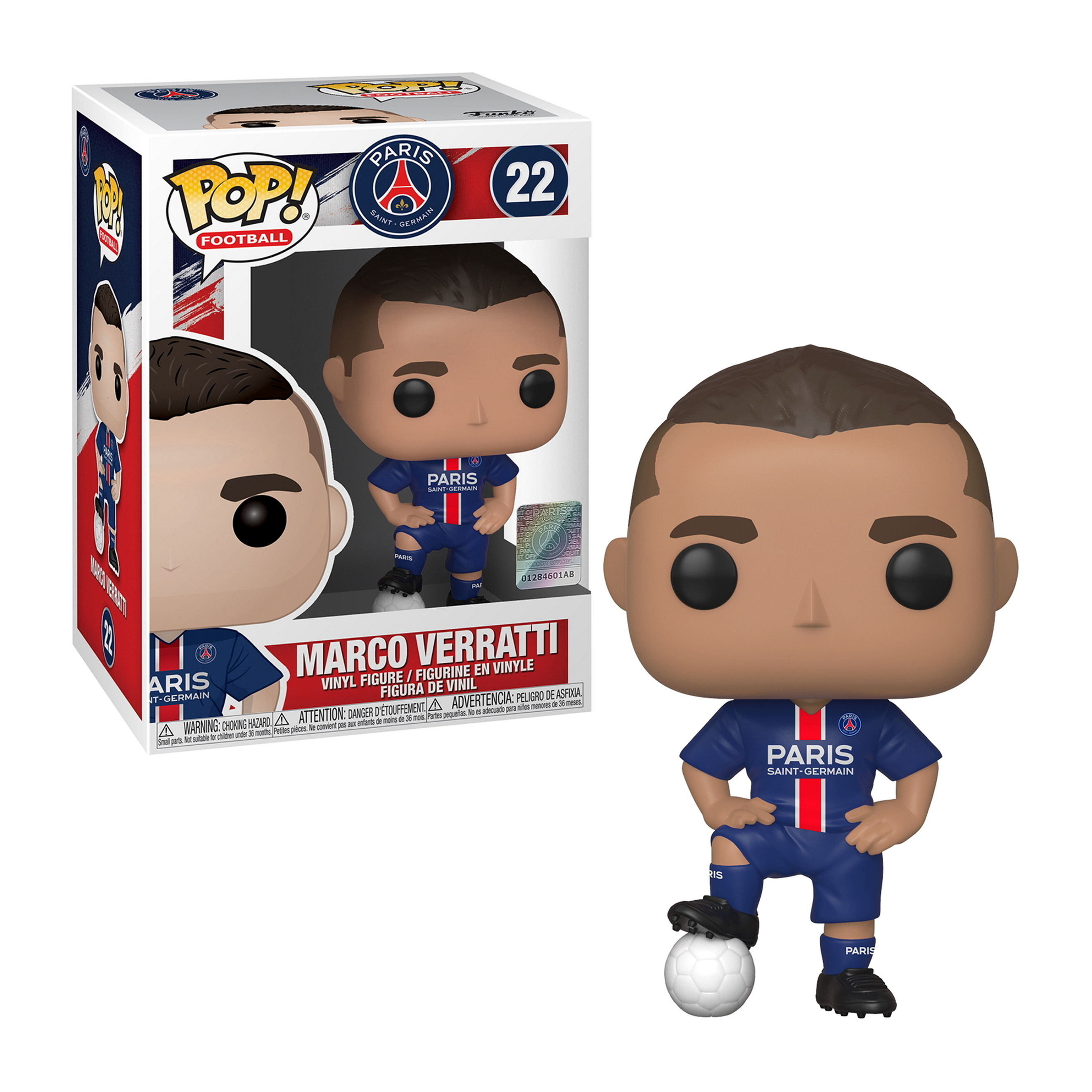 Funko Pop von Marco Verratti in Fußballuniform, stehend auf einem Fußball. Weißer Hintergrund.