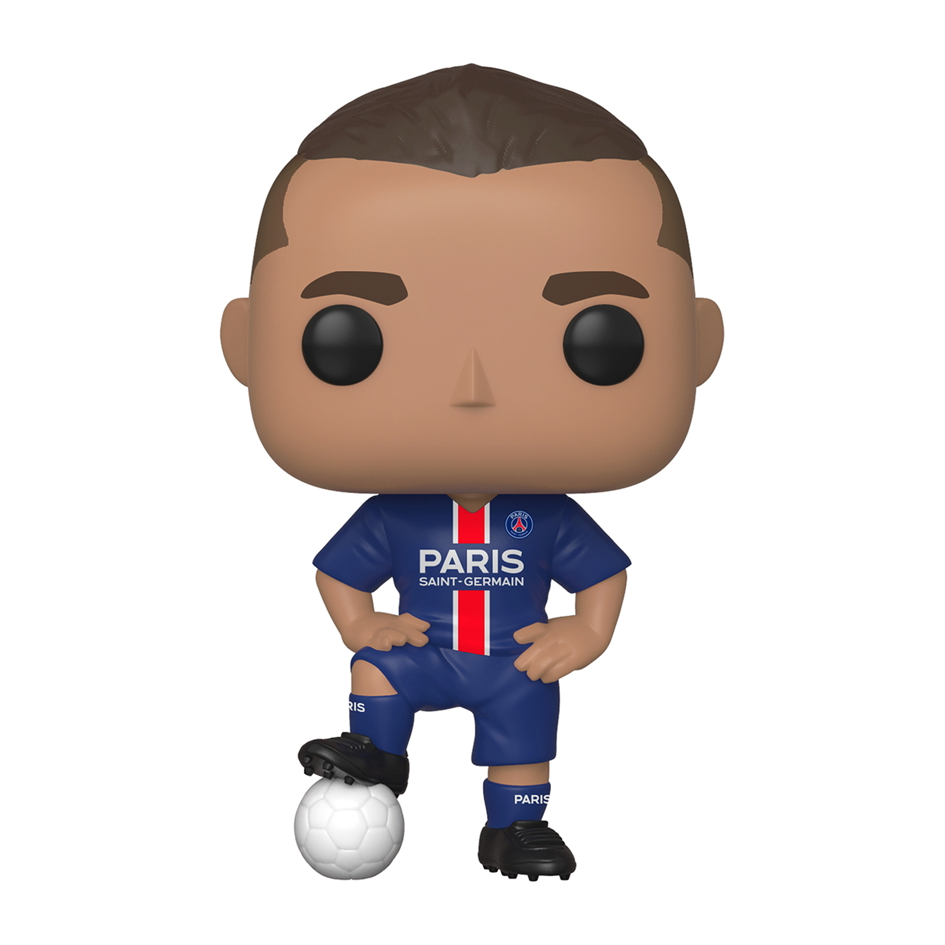 Funko Pop-Figur eines Fußballspielers, Mbappe, in blauem Paris Saint-Germain-Trikot, weißer Hintergrund.