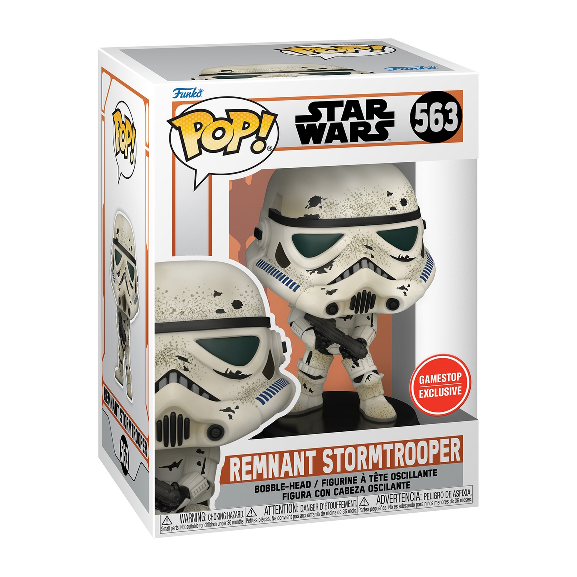 Eine Funko Pop! Figur eines Remnant Stormtroopers in einer Box. Die Figur ist weiß mit einer schwarzen Waffe.