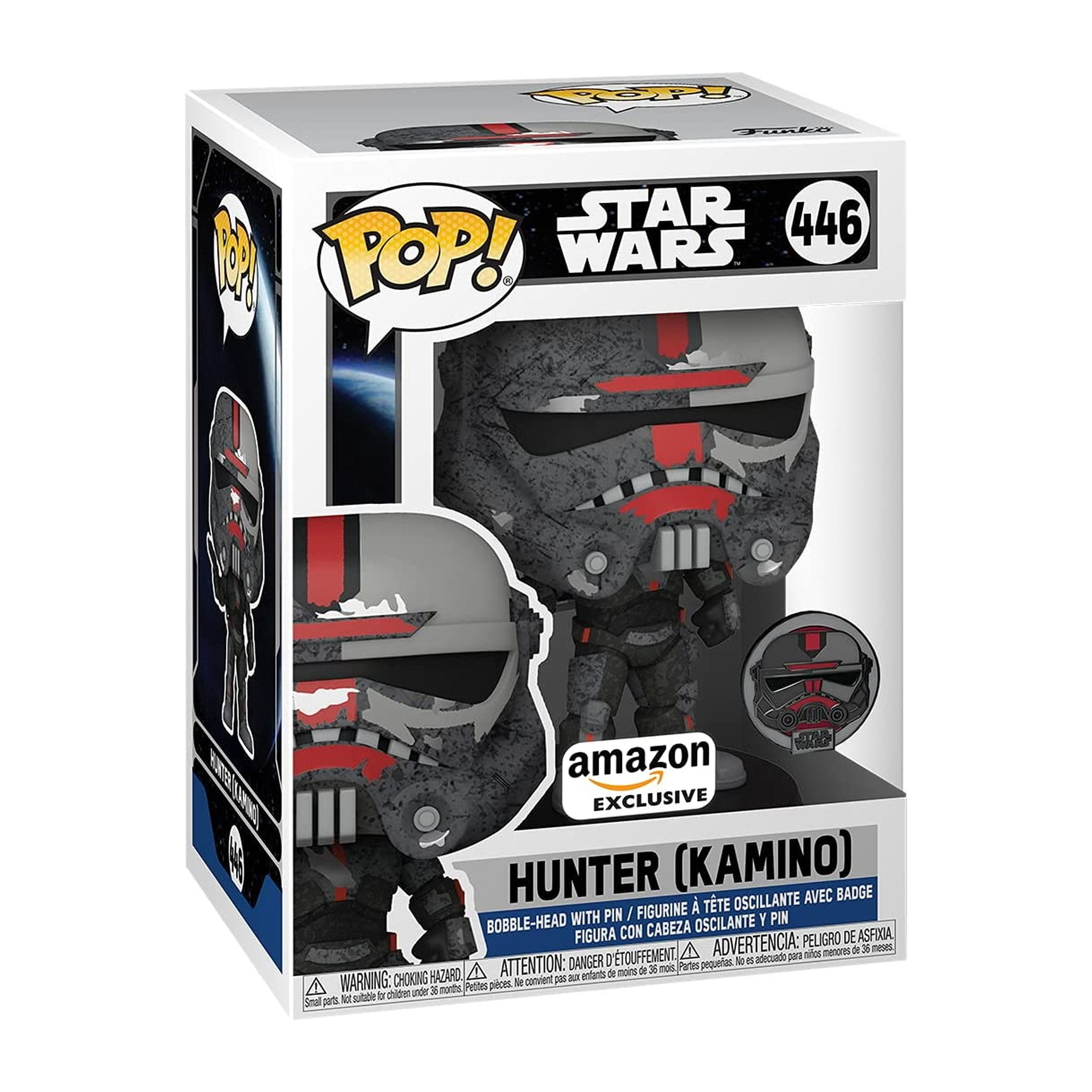 Hunter (Kamino) Funko Pop Figur in einer Box. Figur trägt einen grauen und roten Helm. Box-Art zeigt das Amazon-Logo.