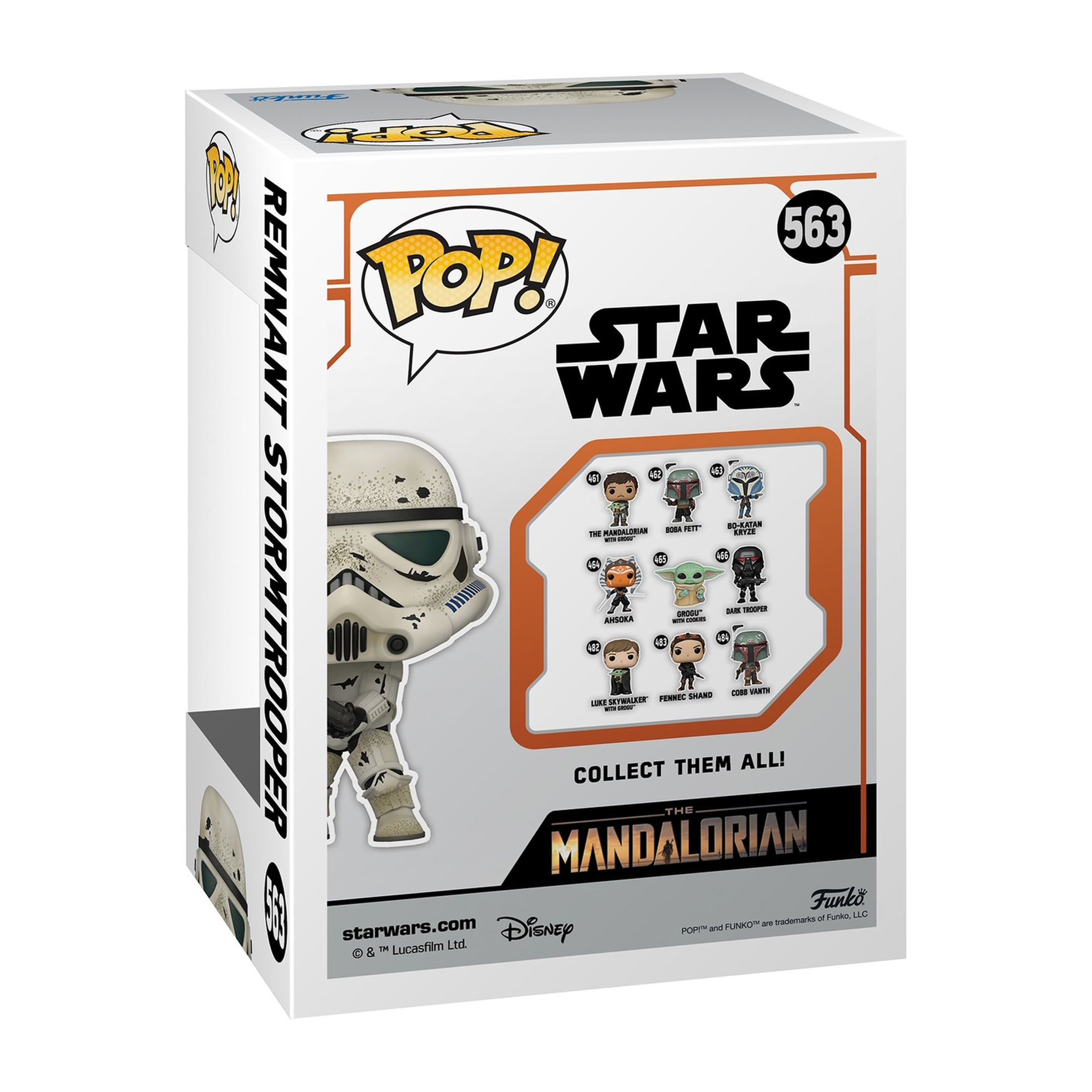 Funko Pop-Box, Remnant Stormtrooper-Figur darin. Star Wars-Thema mit The Mandalorian.