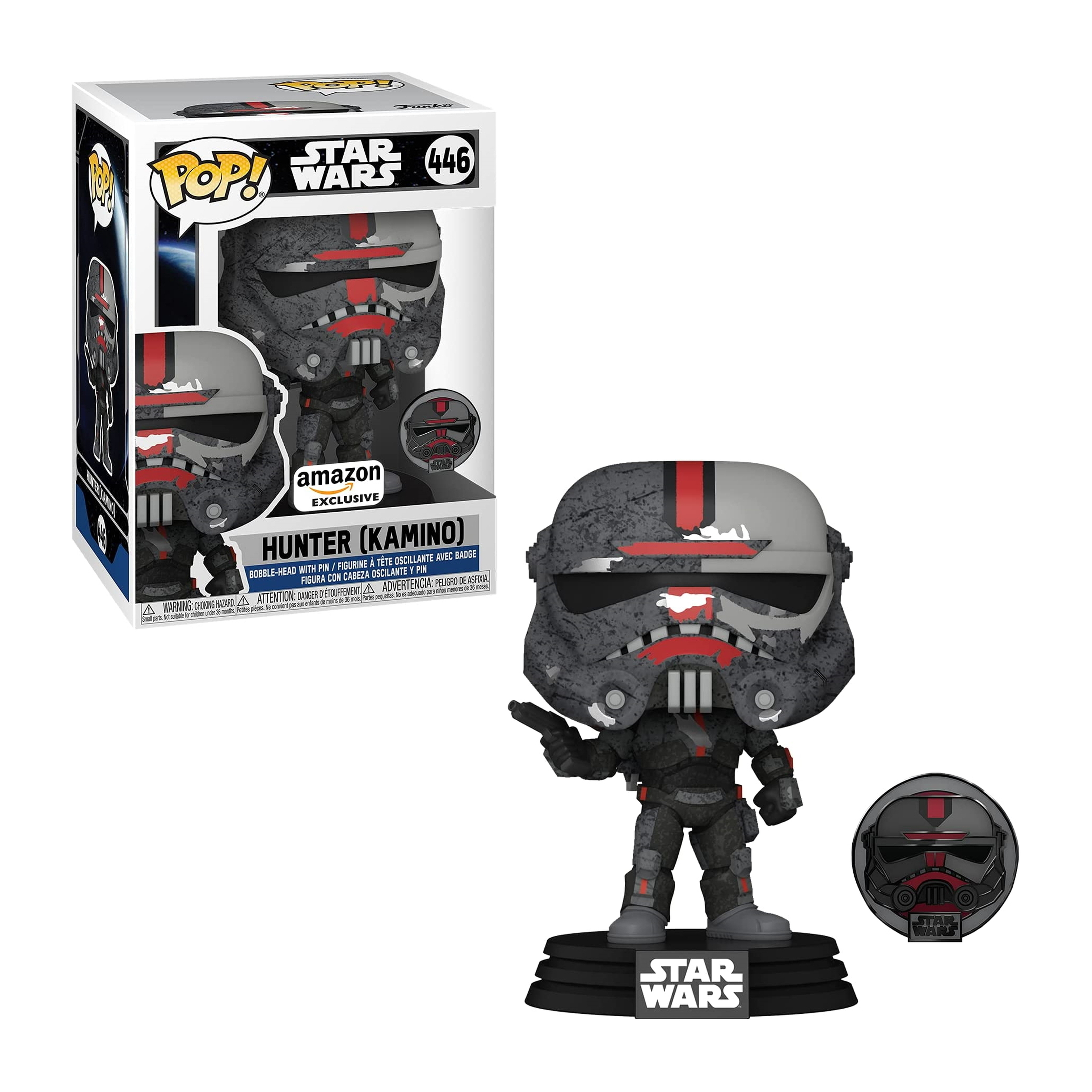 Eine Star Wars Funko Pop-Box und -Figur von Hunter (Kamino) mit Helm und Blaster.