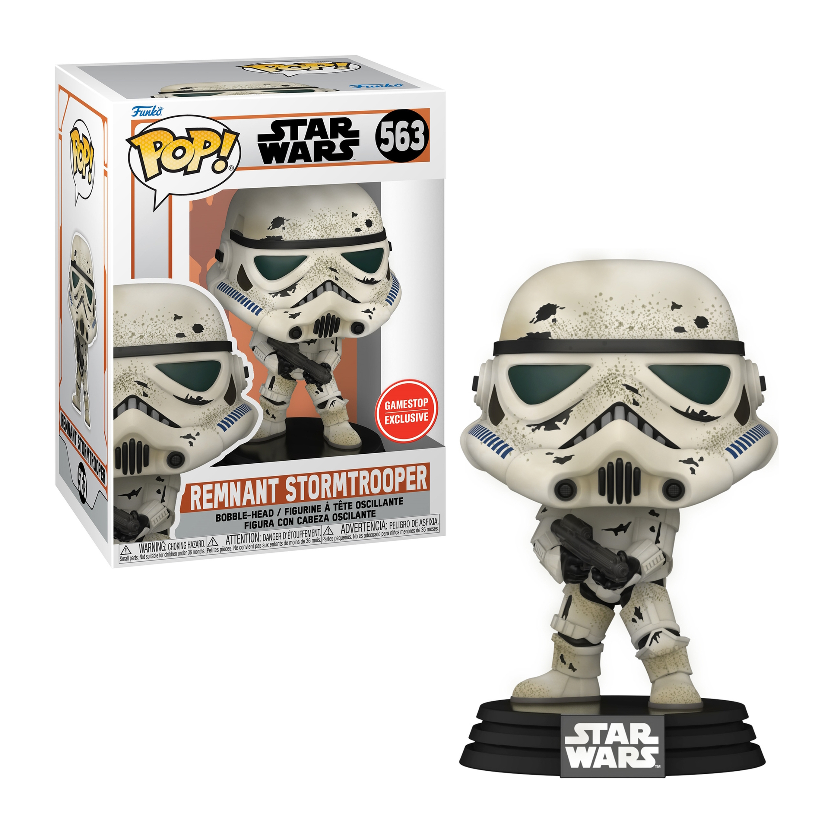 Stormtrooper Funko Pop. Weiße Rüstung mit schwarzen Details. Hält einen Blaster.