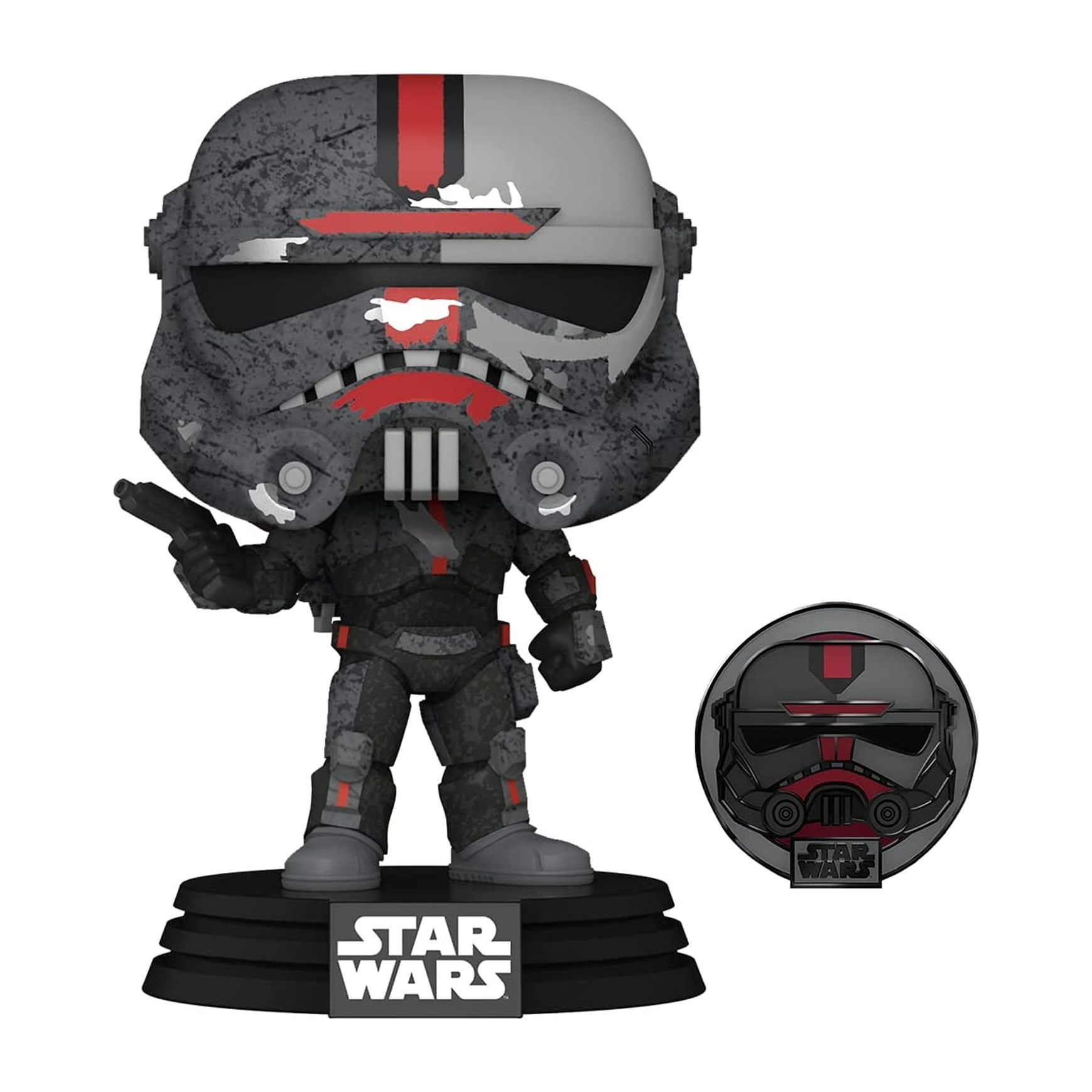 Eine Star Wars Trooper-Figur, die eine Waffe hält. Es ist grau und schwarz mit einem roten Streifen. Eine schwarze Basis.