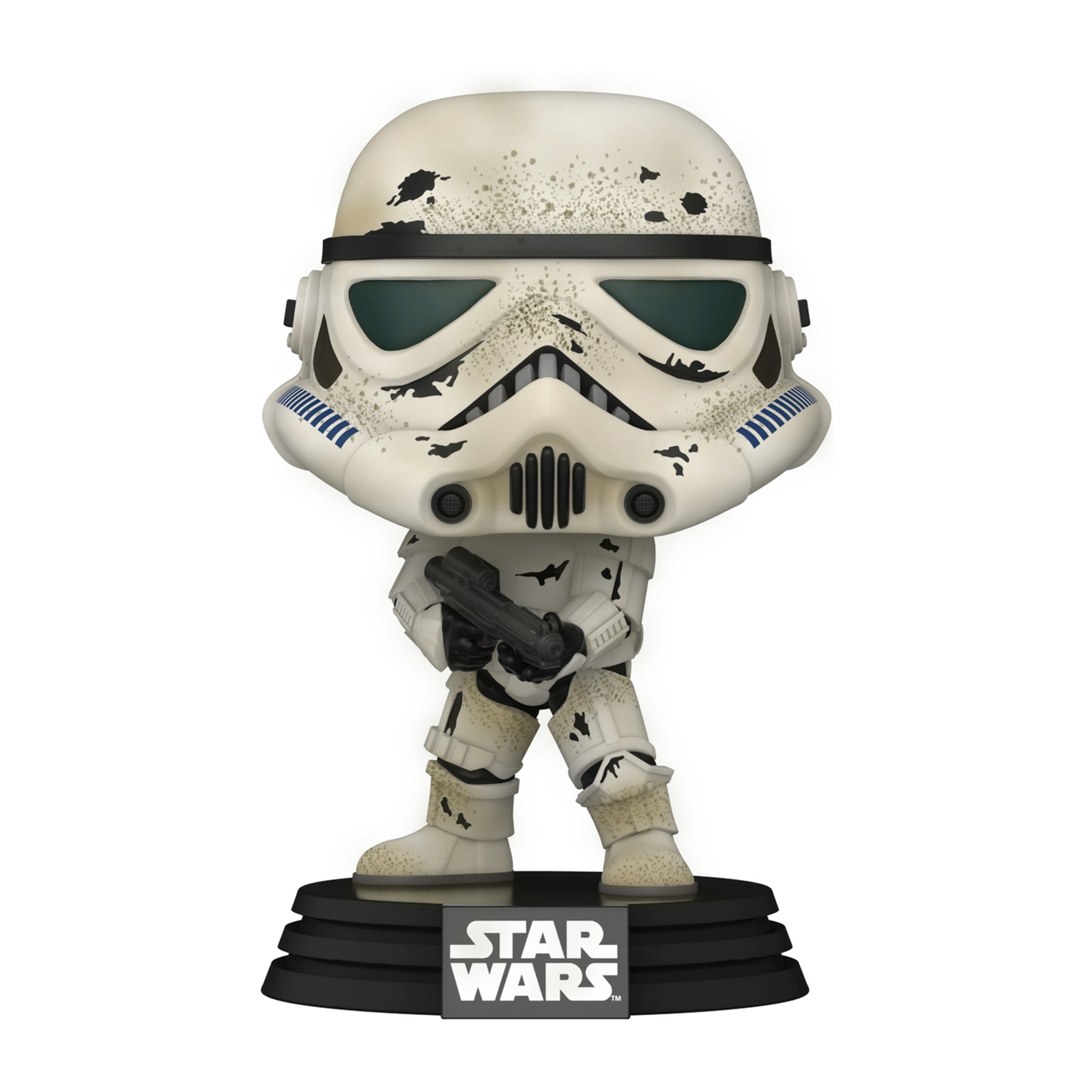 Eine Star Wars Funko Pop Figur eines Snowtroopers mit Blaster.