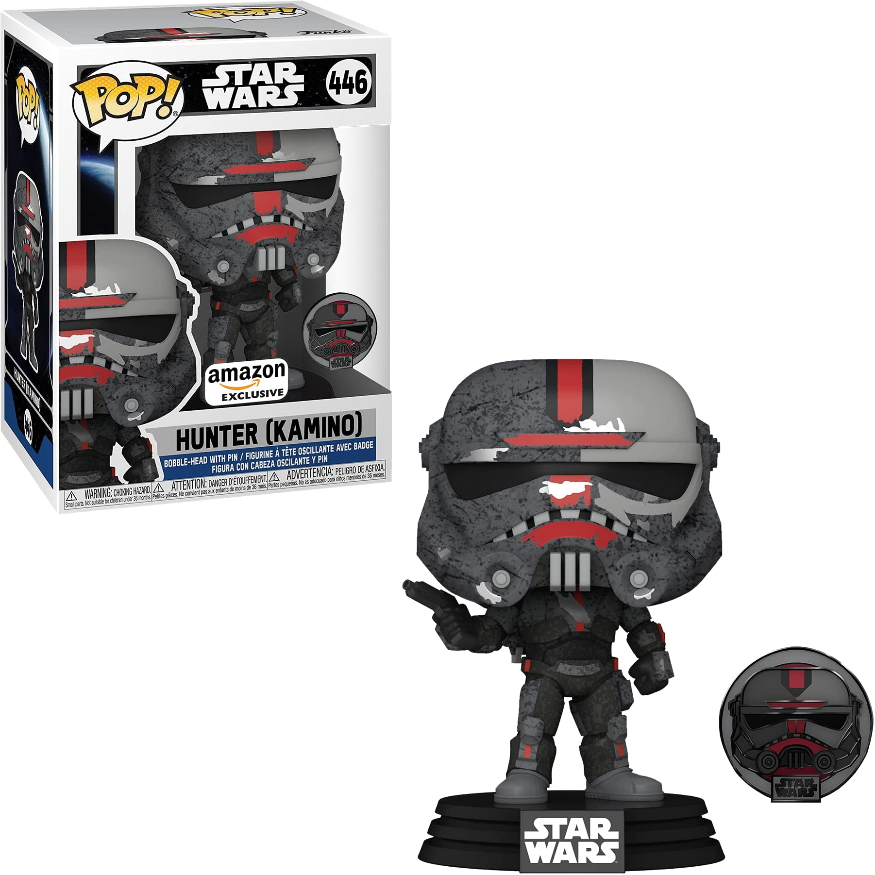 Hunter (Kamino) Figur und Box. Er trägt einen grauen Helm mit roten Streifen und hält eine Waffe.