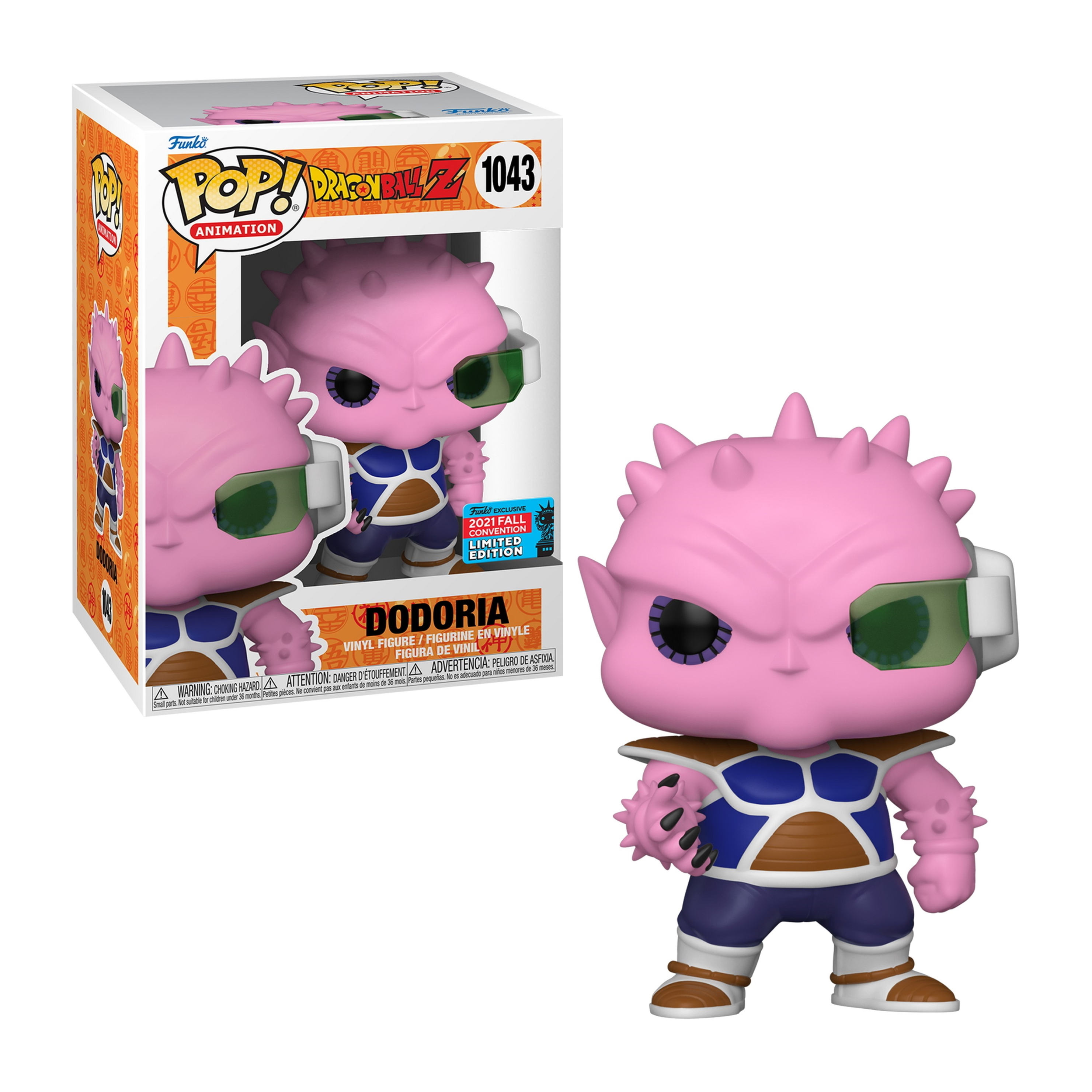 Figura Funko Pop di Dadoria, pelle rosa, visiera verde, con armatura blu e marrone.