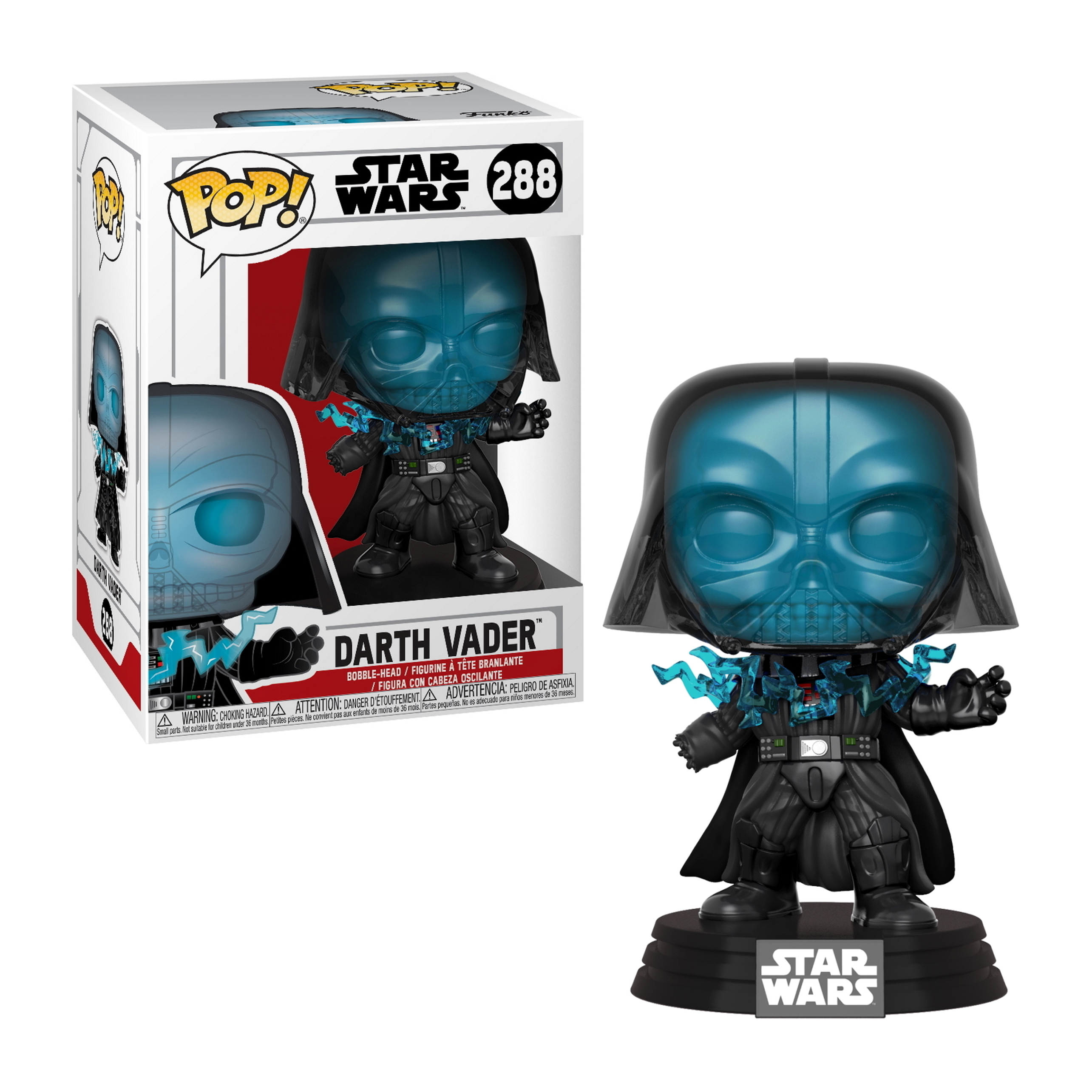 Figurka Darth Vadera w pudełku Funko Pop. Figurka jest czarna z przezroczystą niebieską głową i niebieską energią.