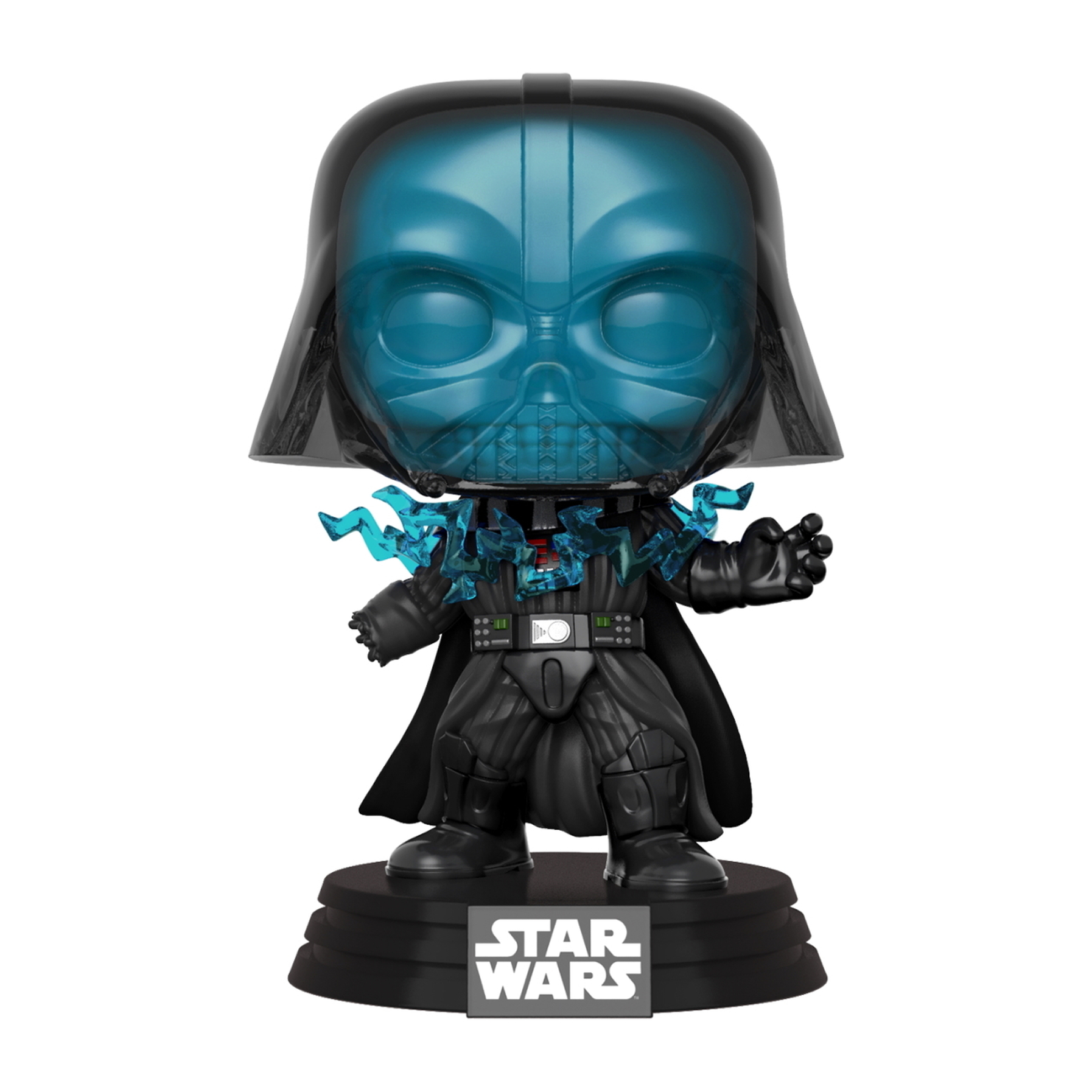 Pop! Figurka winylowa Darth Vadera, z świecącą niebieską głową i światłami wokół niego.