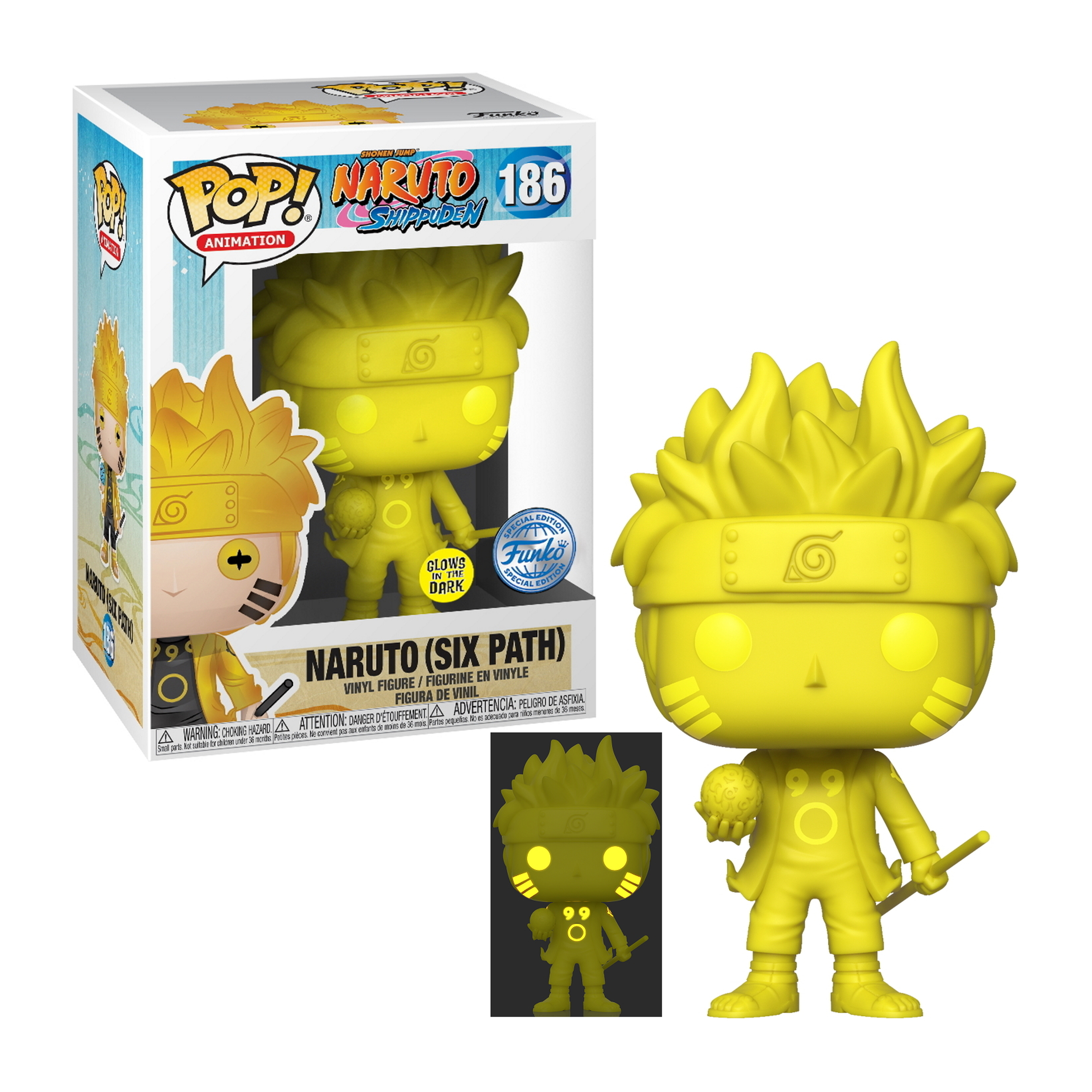 Eine Funko Pop Figur von Naruto im Six Path Modus, mit gelben Haaren und einem Stab.