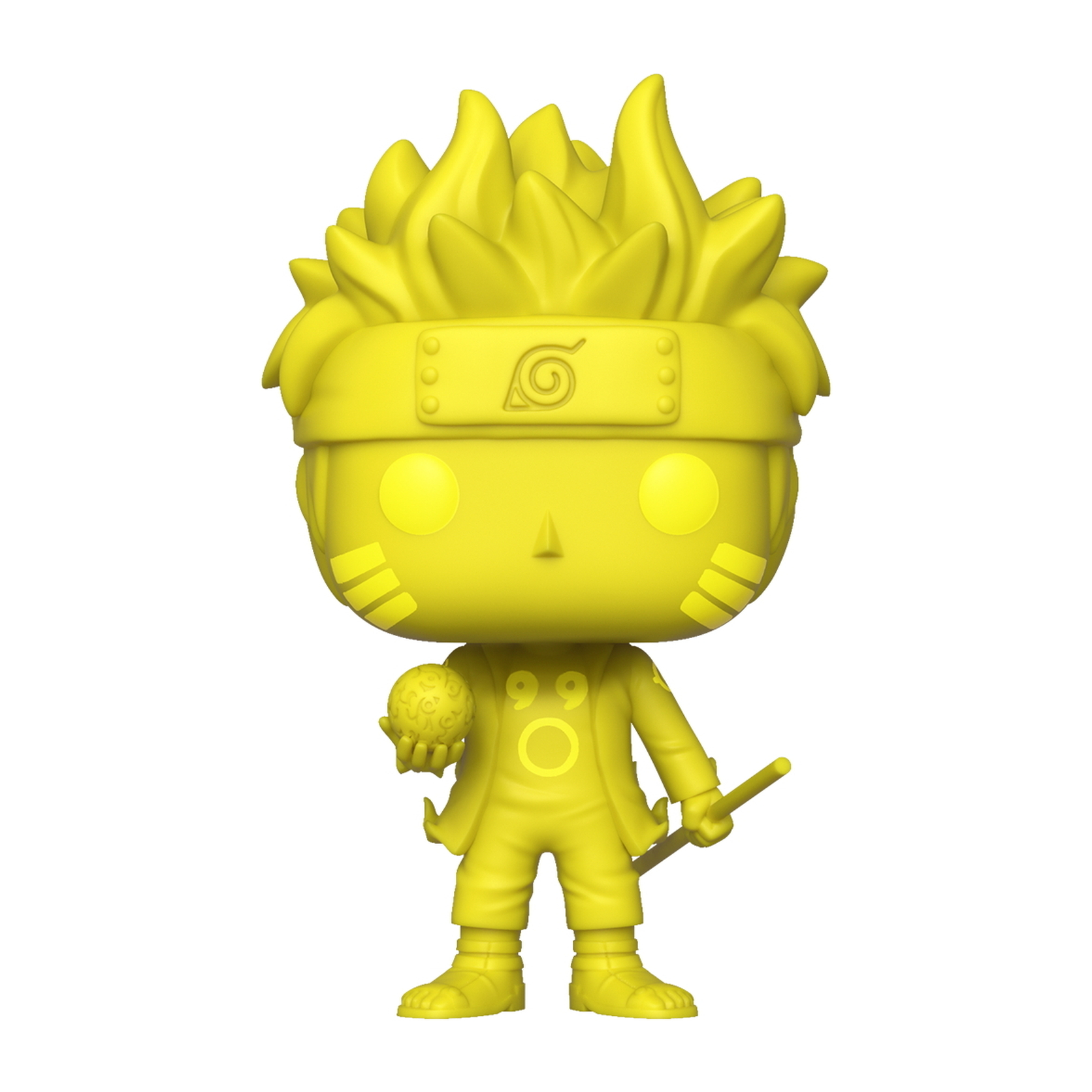 Gelbe Naruto Funko Pop Figur. Er hält ein gelbes Rasengan und einen Stab. Er leuchtet.