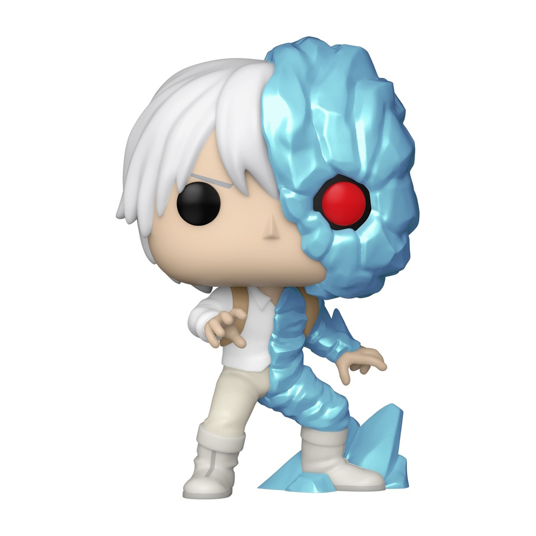Eine Figur mit halb weißem Gesicht und halb blauem Eisgesicht mit rotem Auge.