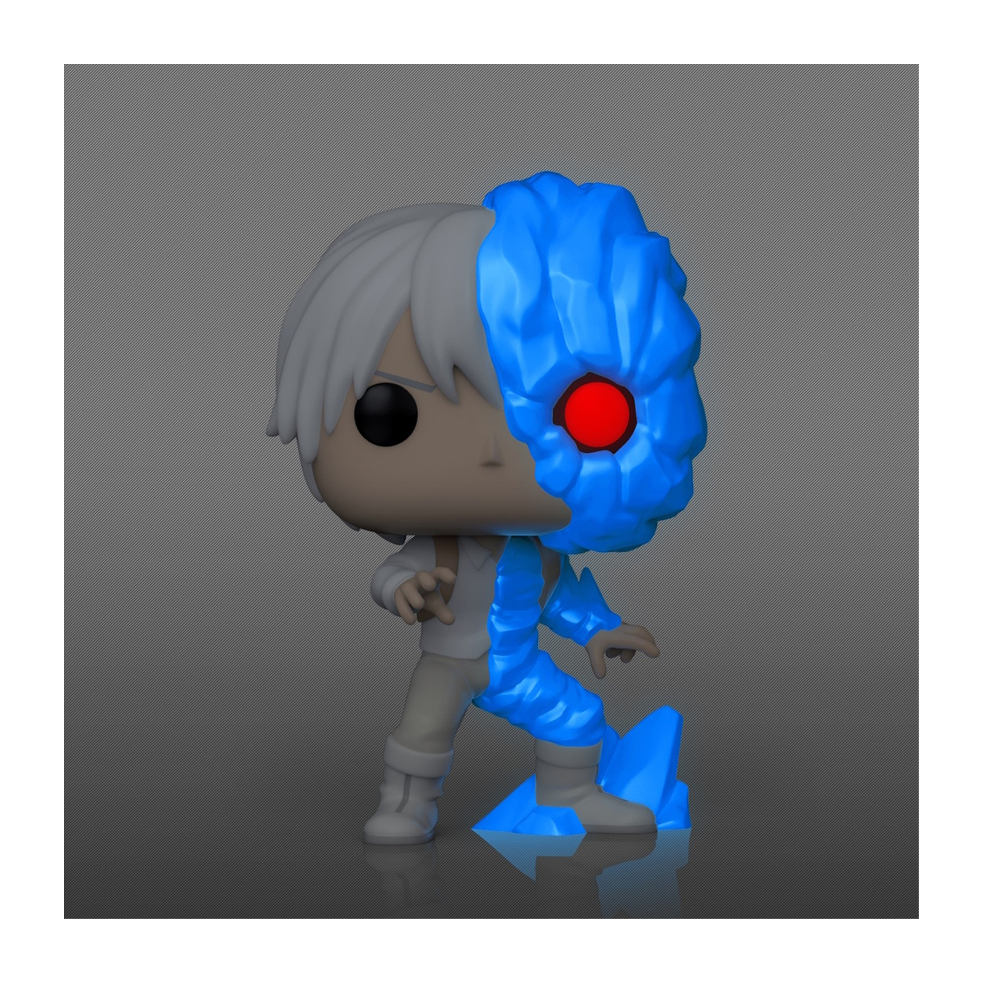 Funko Pop Figur mit weißem Haar und blau leuchtender Energie auf grauem Hintergrund.