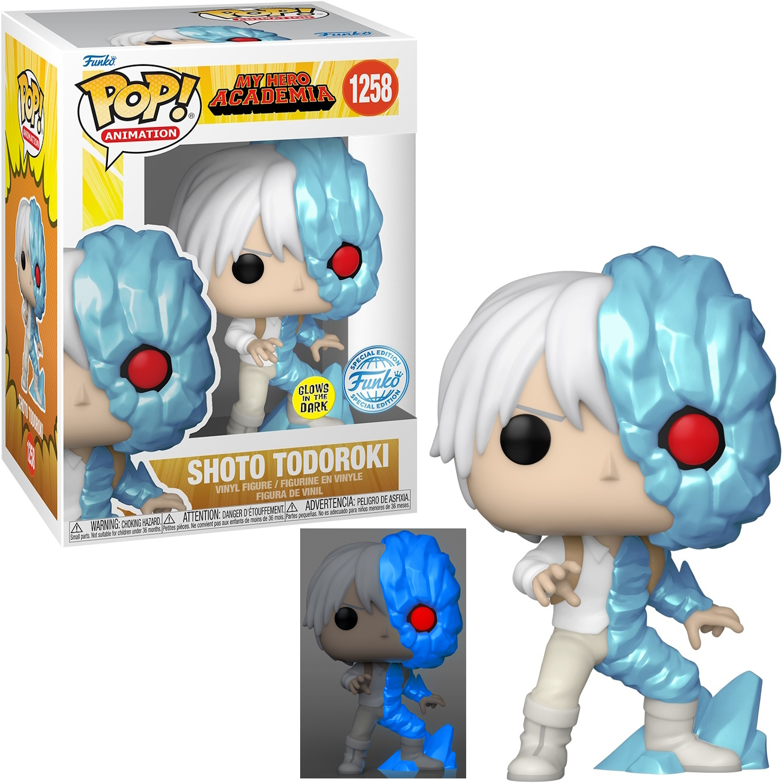 Funko Pop! Figur von Shoto Todoroki aus My Hero Academia. Halb weißes Haar, halb blau, leuchtend.