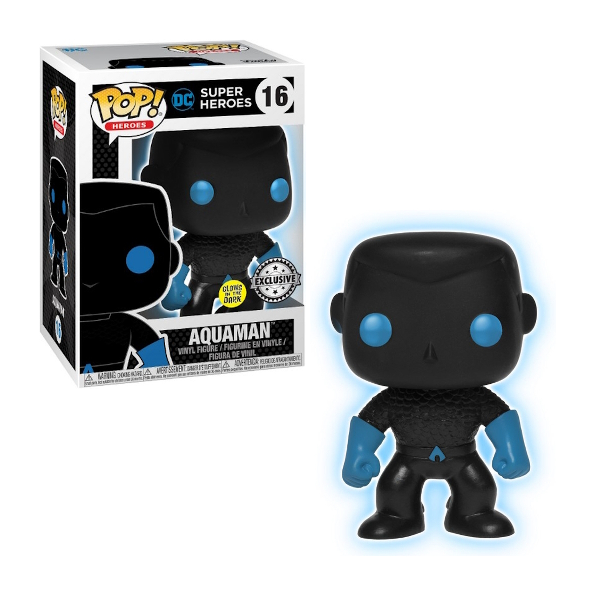 Eine Aquaman Funko Pop Figur und Box, schwarzer Anzug mit blauen Akzenten, leuchtend blaue Augen, weißer Hintergrund.