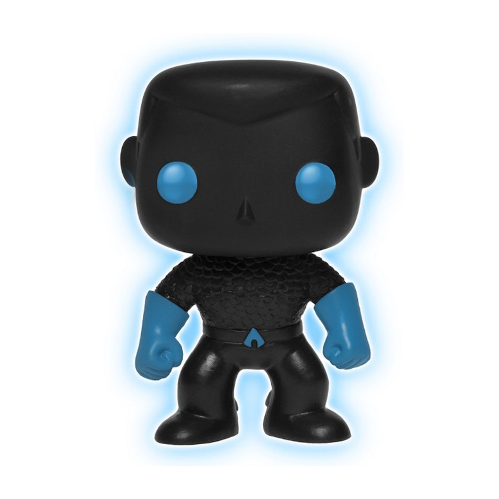 Schwarze Aquaman-Figur mit Box. Die Figur ist schwarz mit blauen Augen und blauen Handschuhen.