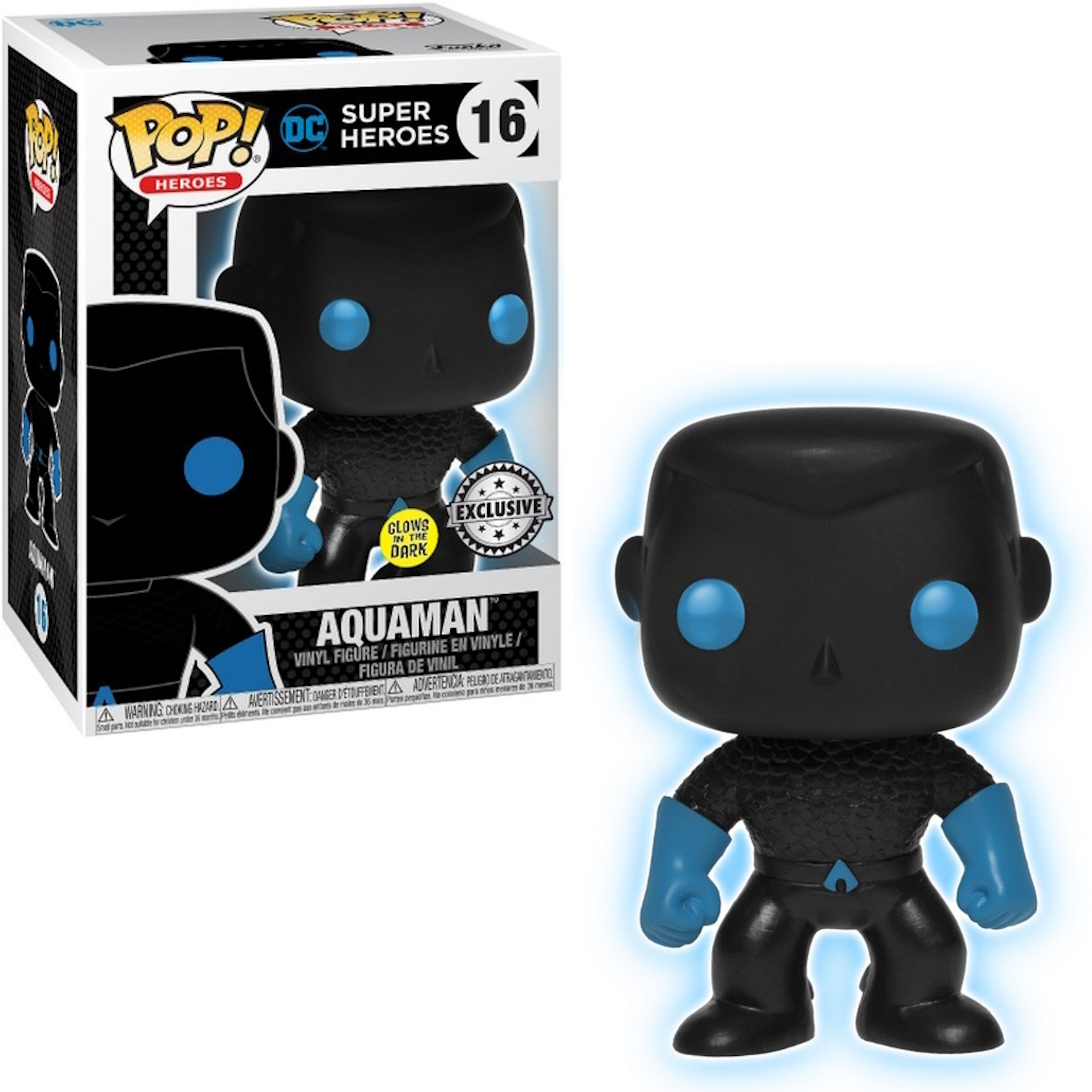 Aquaman Figur mit schwarzem und blauem Design, leuchtet im Dunkeln. Die Box ist im Hintergrund.