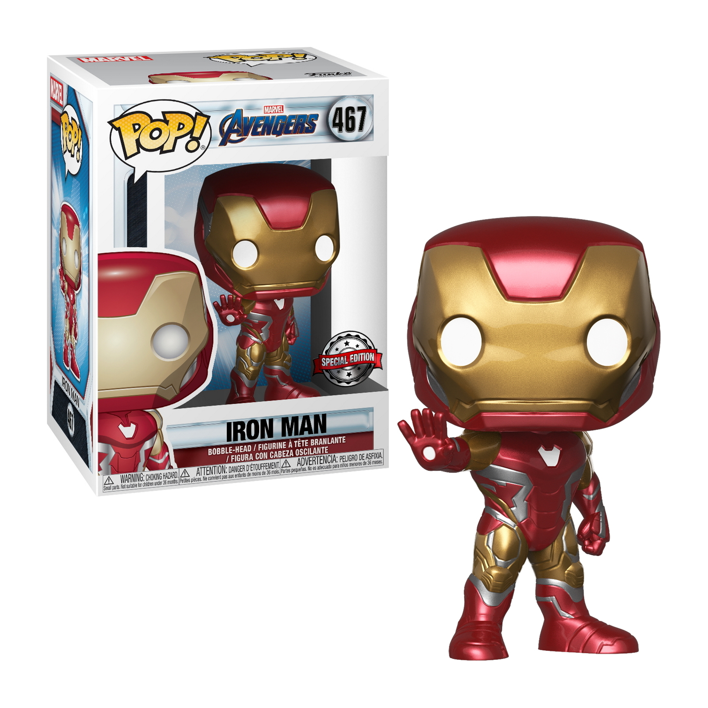 Figura di Iron Man con scatola. Armatura rossa e oro, mano alzata. Scatola mostra la figura e il testo Iron Man.