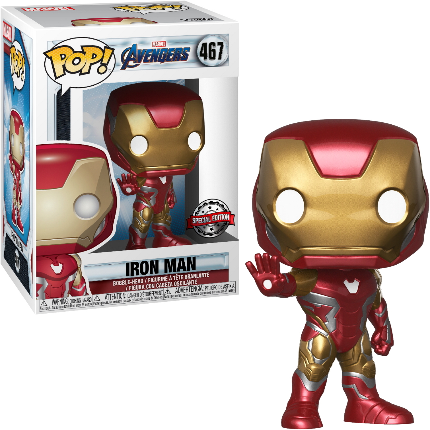 Figura Funko Pop di Iron Man in armatura rossa e oro, che alza una mano, con la scatola che mostra la figura.