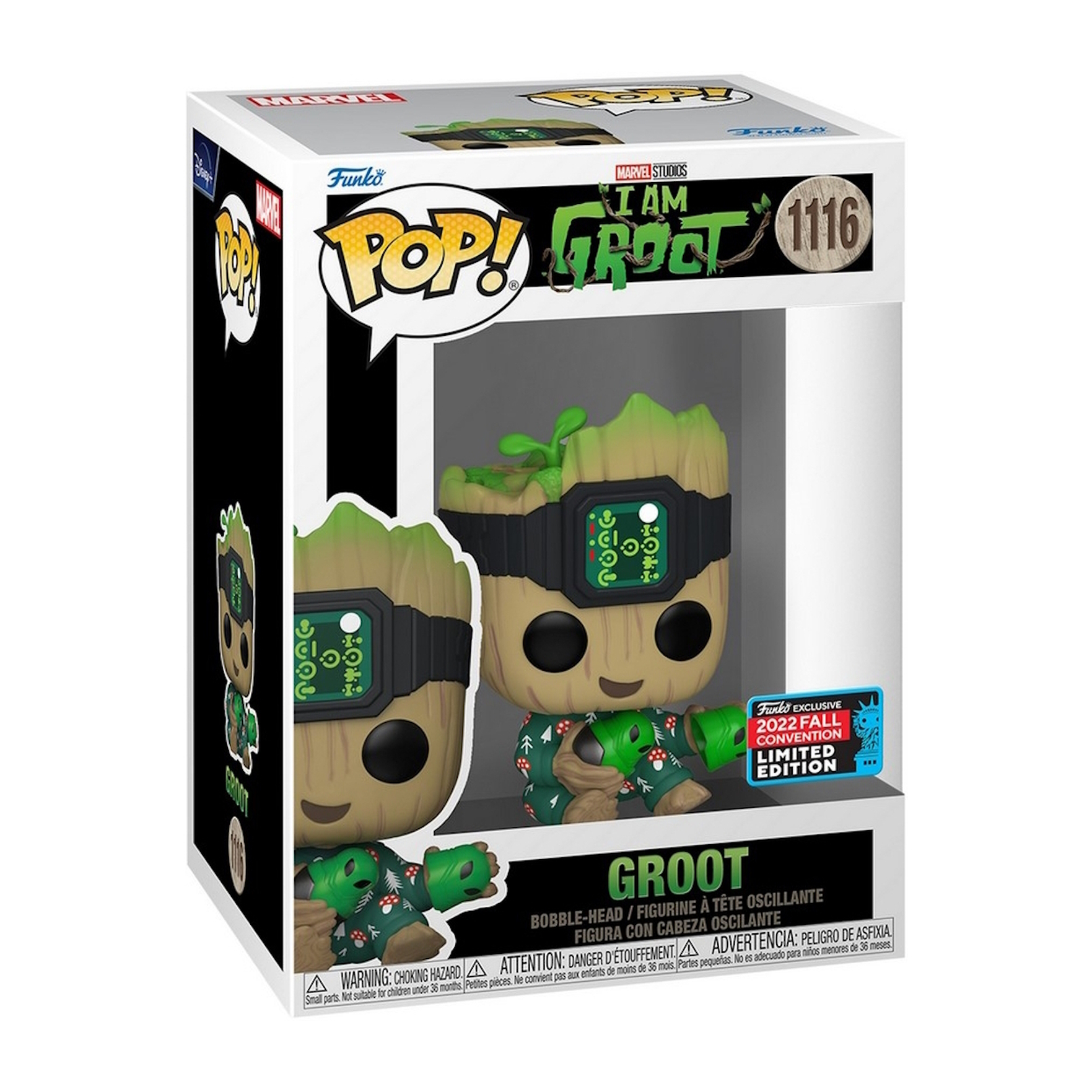 I Am Groot Funko Pop-Figur, grüne und braune Farben, hält eine Waffe, vor weißem Hintergrund.