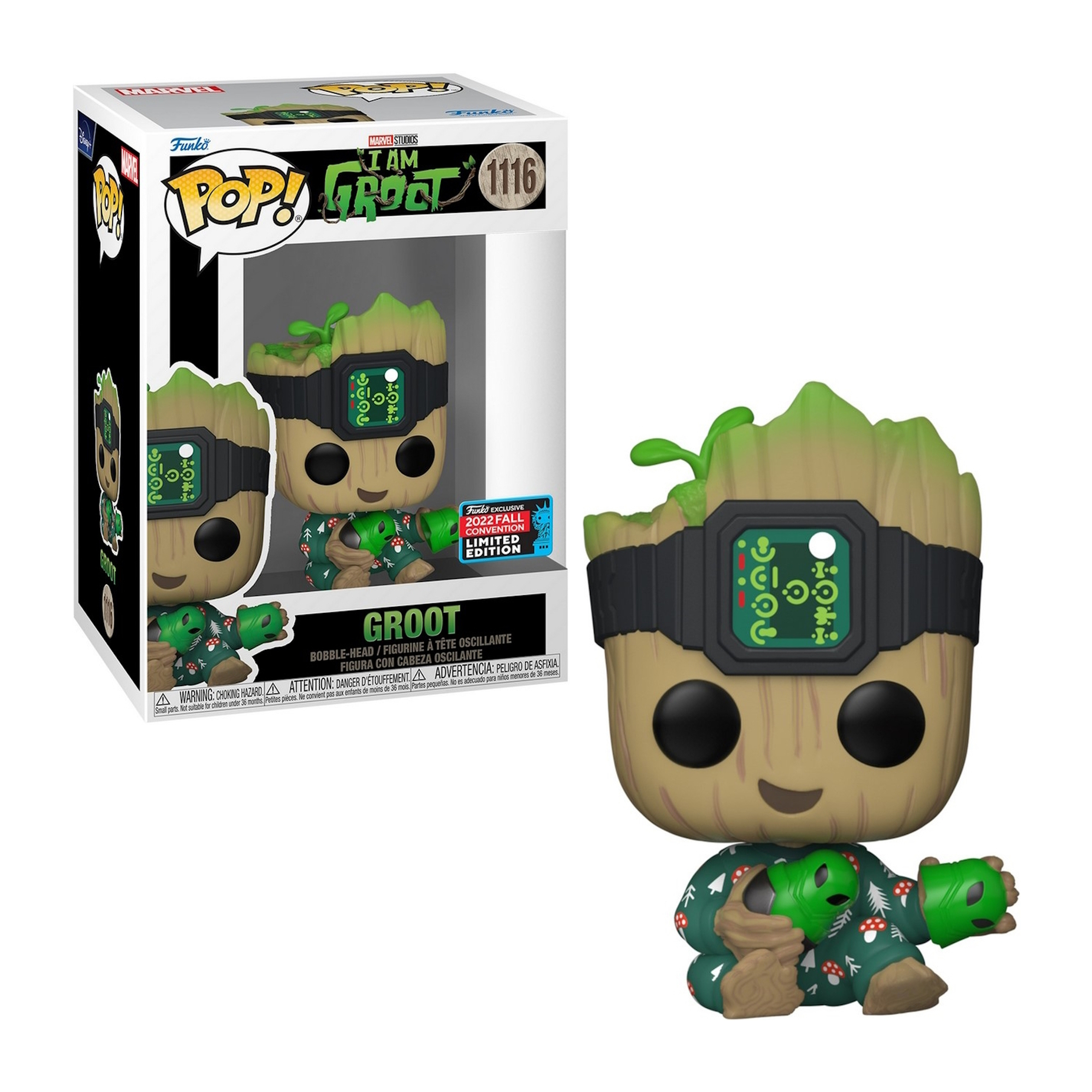 Groot-Figur im Pyjama, trägt eine Uhr. Box mit Groot-Bild links, weißer Hintergrund.