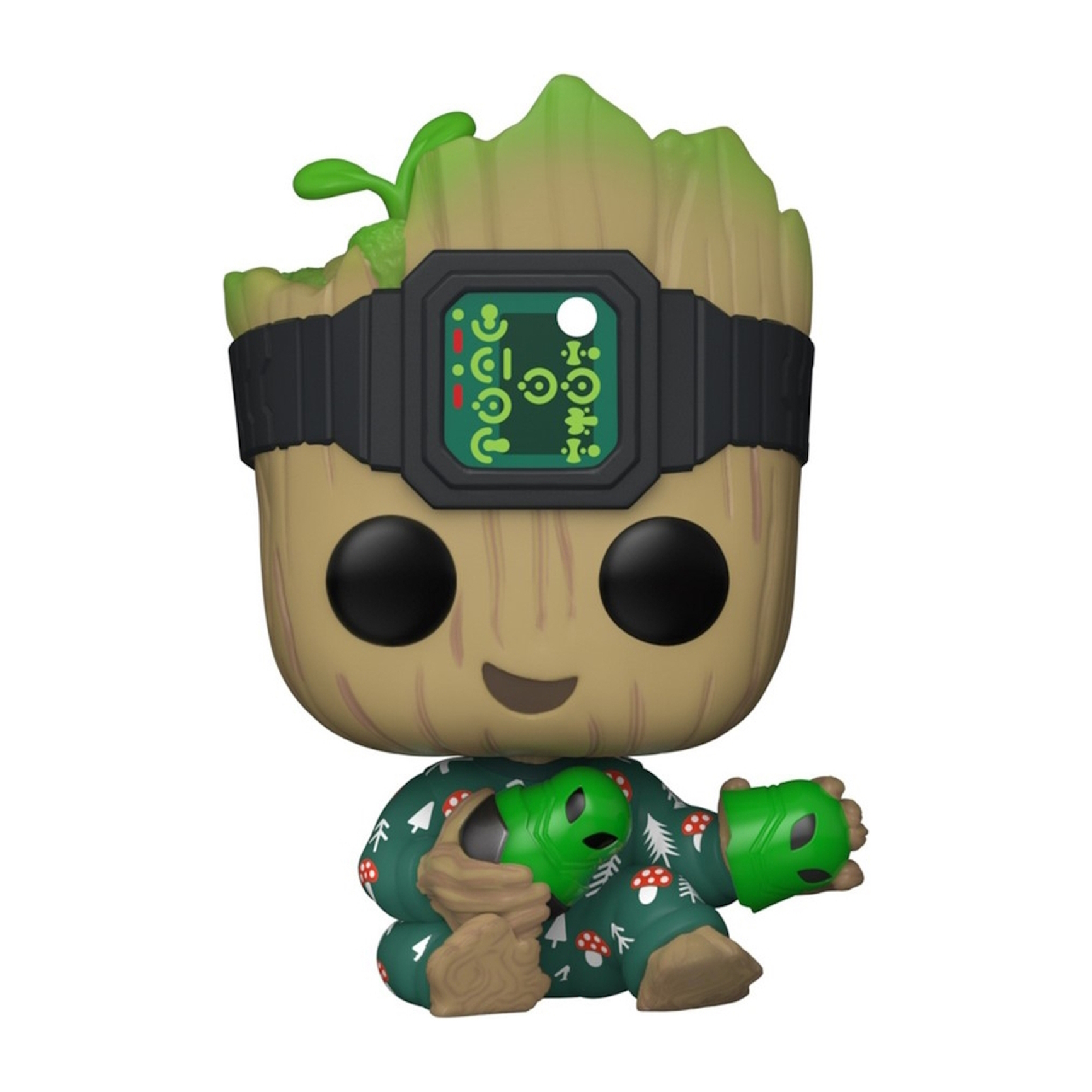Groot Pop Figur in grünen Pyjamas mit einer Uhr. Weißer Hintergrund.