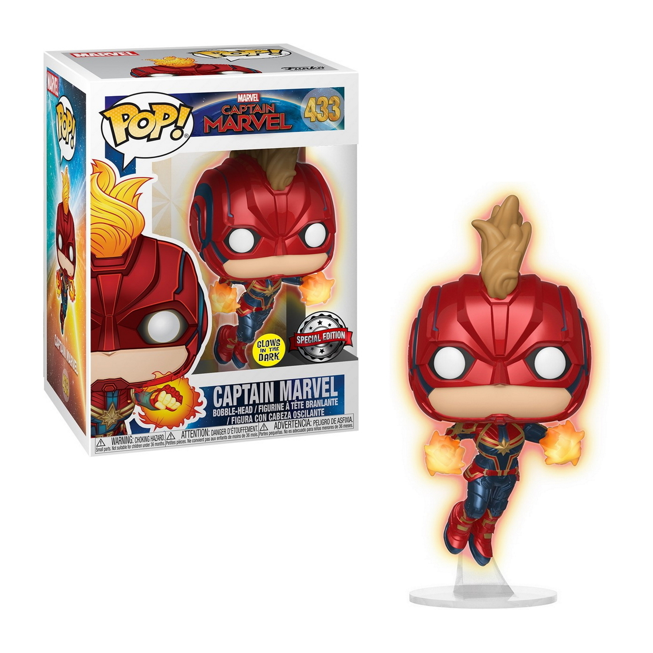 Captain Marvel Funko Pop Figur. Rotes und blaues Kostüm, Leuchteffekte und eine Box.