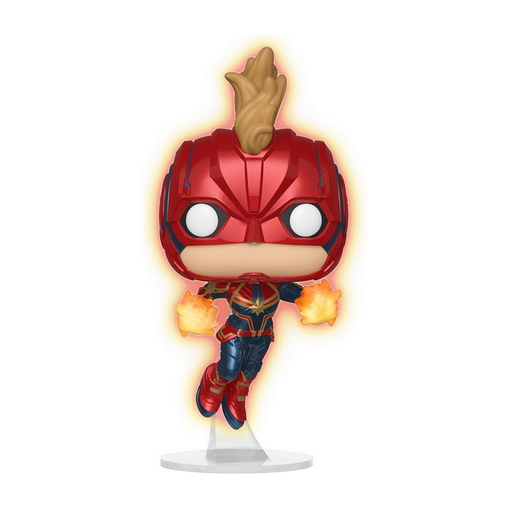 Captain Marvel-Figur in dynamischer Pose, roter und blauer Anzug, mit leuchtenden Händen und hellem Sockel.