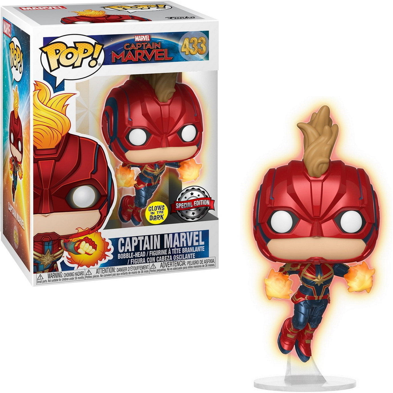 Funko Pop-Figur von Captain Marvel. Sie hat einen rot-blauen Anzug und leuchtet.