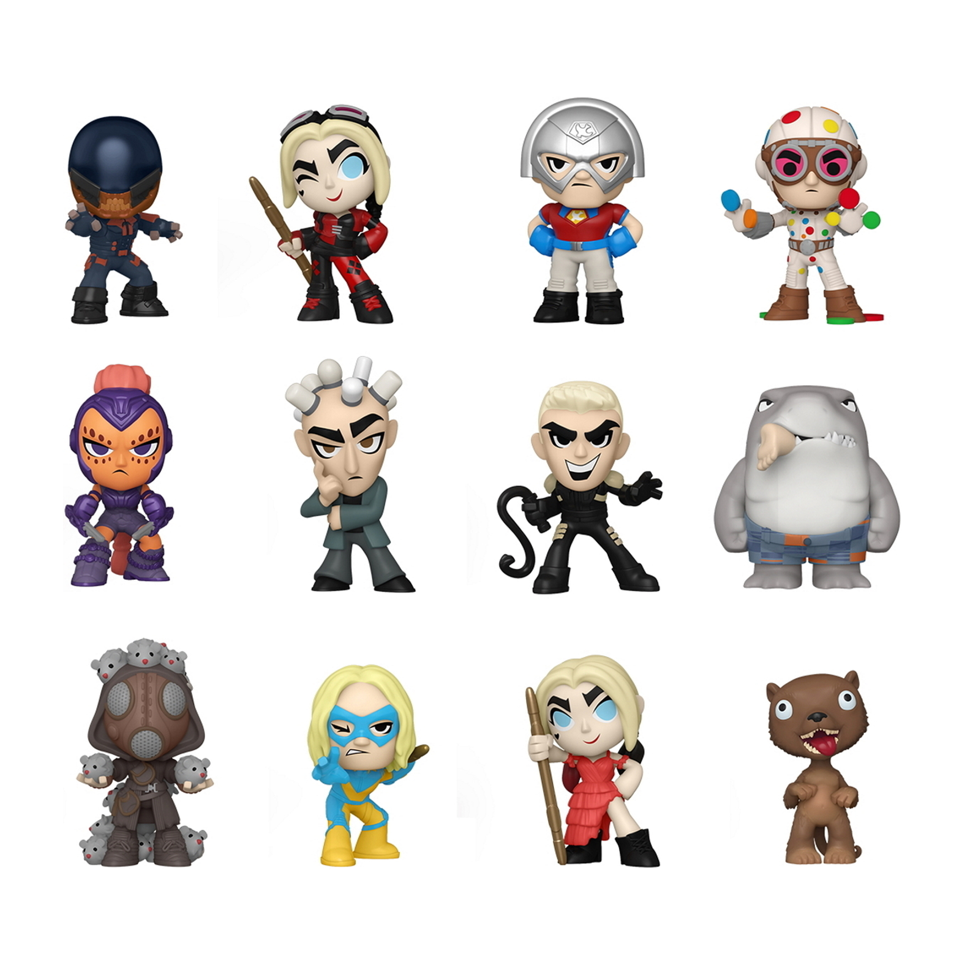 Zwölf Suicide Squad Funko Pop-Figuren. Verschiedene Charaktere in Action-Posen.