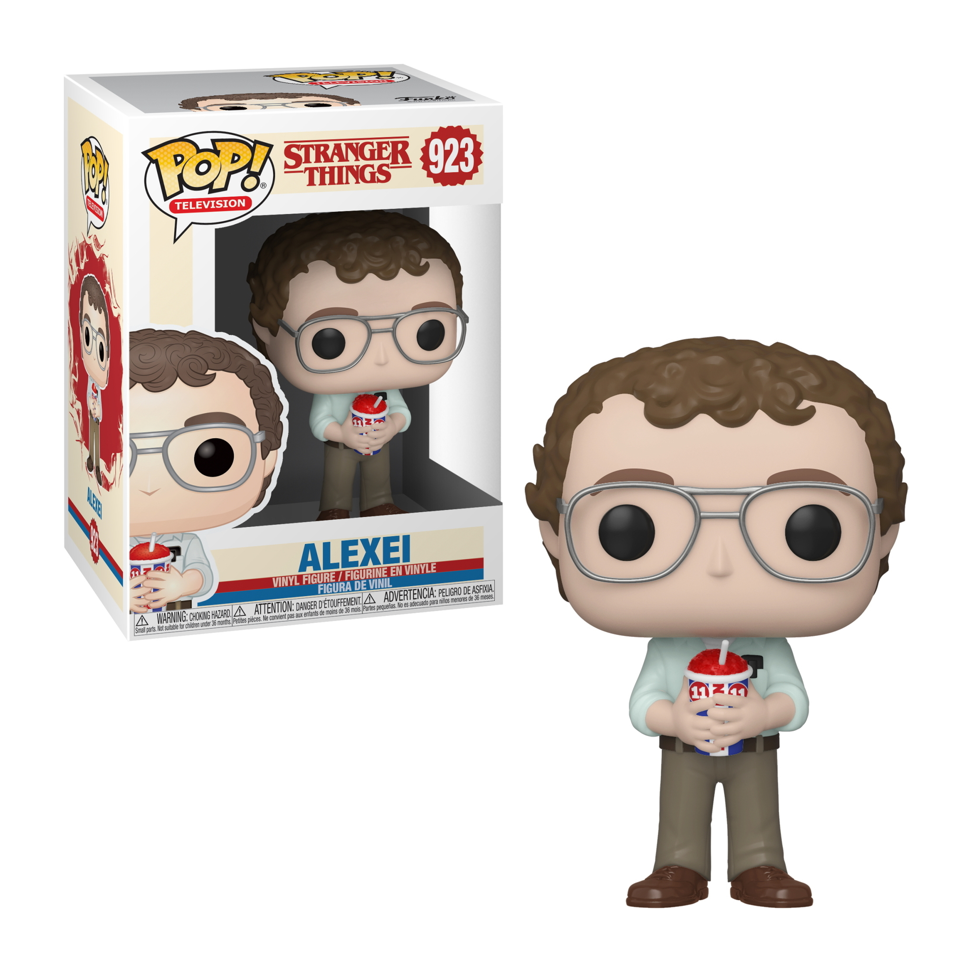 Figurka Funko Pop Alexeia z Stranger Things, trzymającego kubek Slurpee. Pudełko pokazuje figurkę.