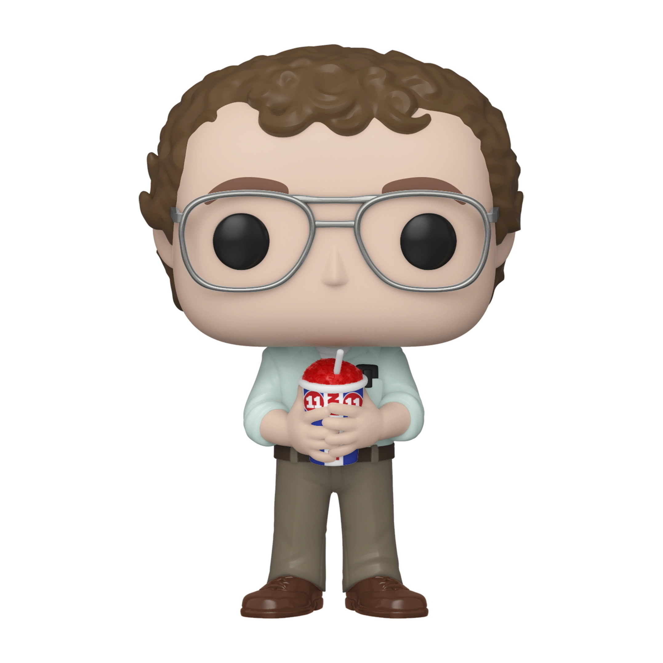 Figurka Funko Pop! mężczyzny w okularach, trzymającego slushie. Ma brązowe włosy.
