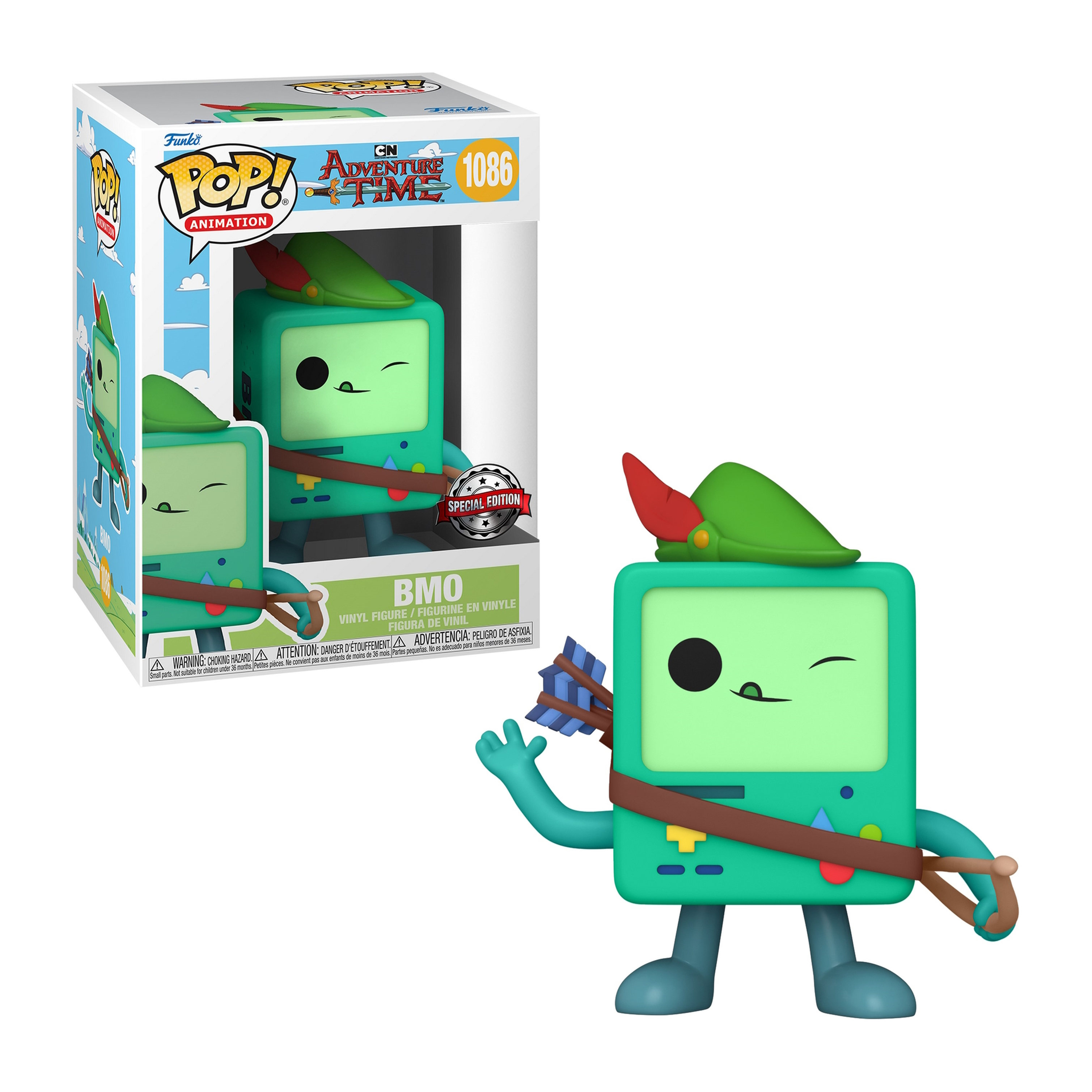BMO-Figur. Grüner Körper, grüner Hut mit roter Feder, hält Pfeile.