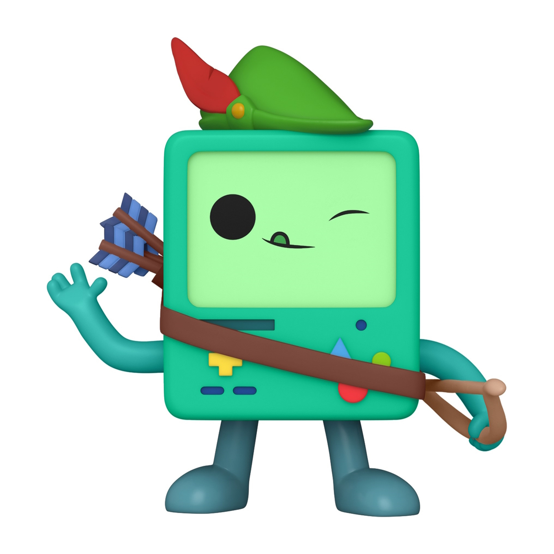BMO-Figur als Robin Hood. Grüne quadratische Figur mit Hut und Pfeil und Bogen.