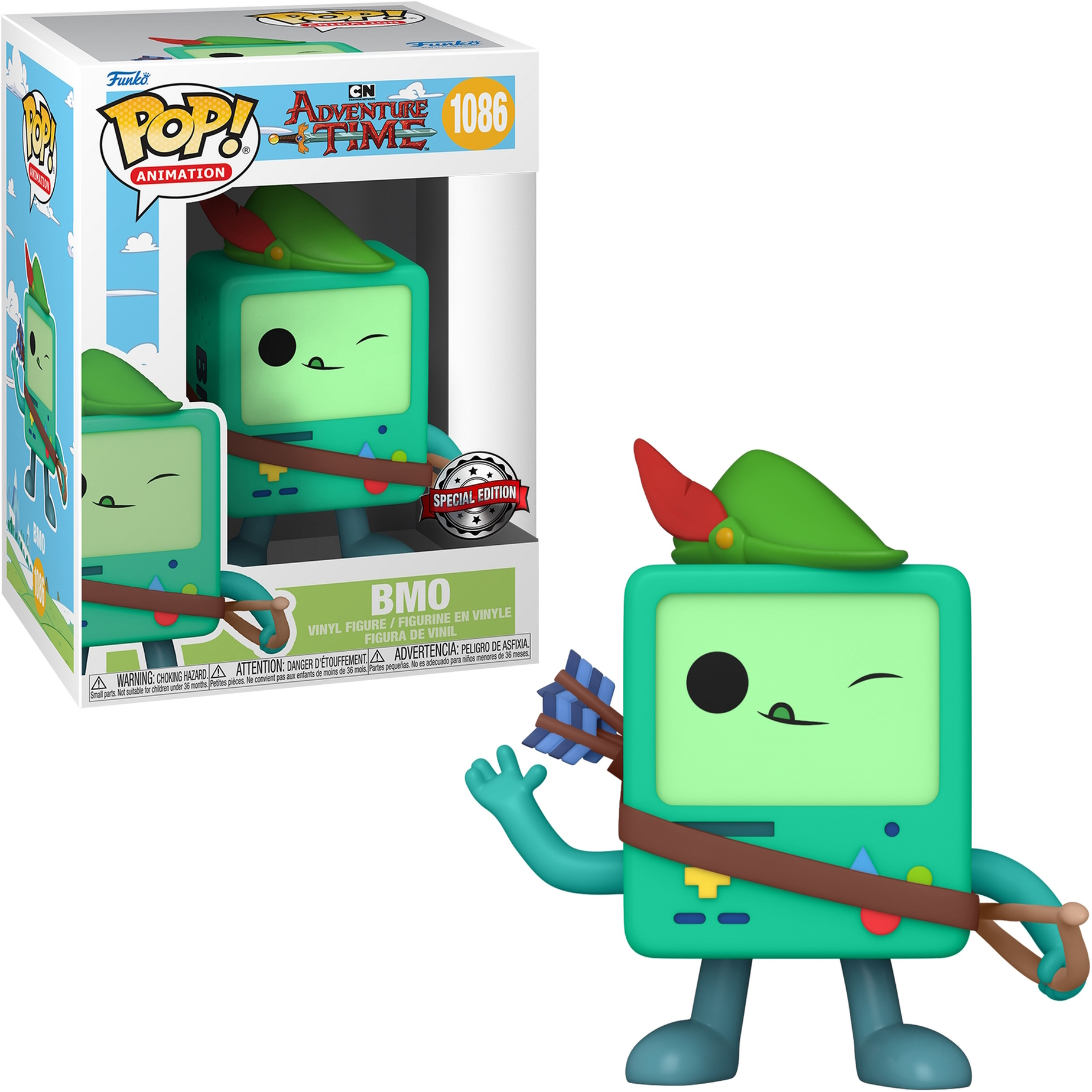 Eine BMO Funko Pop-Figur aus Adventure Time, mit grünem Hut und Pfeil und Bogen.