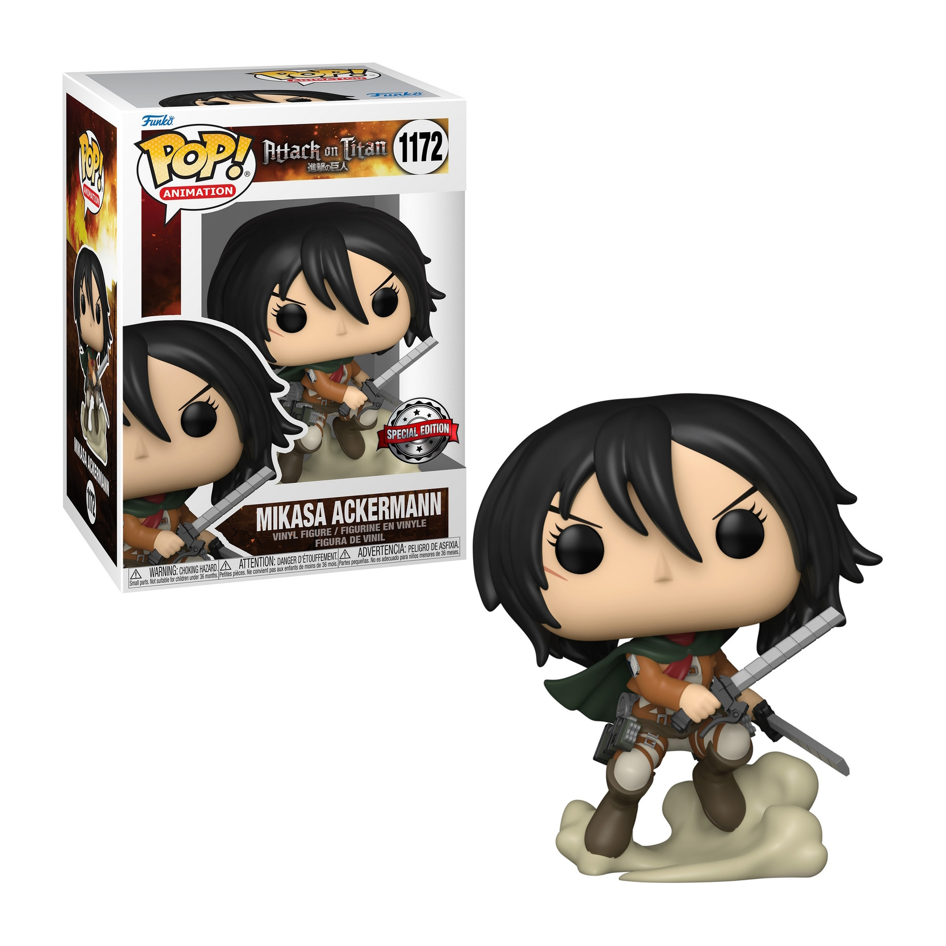 Mikasa Ackerman Funko Pop Figur mit Box. Die Figur hält Schwerter. Special Edition.