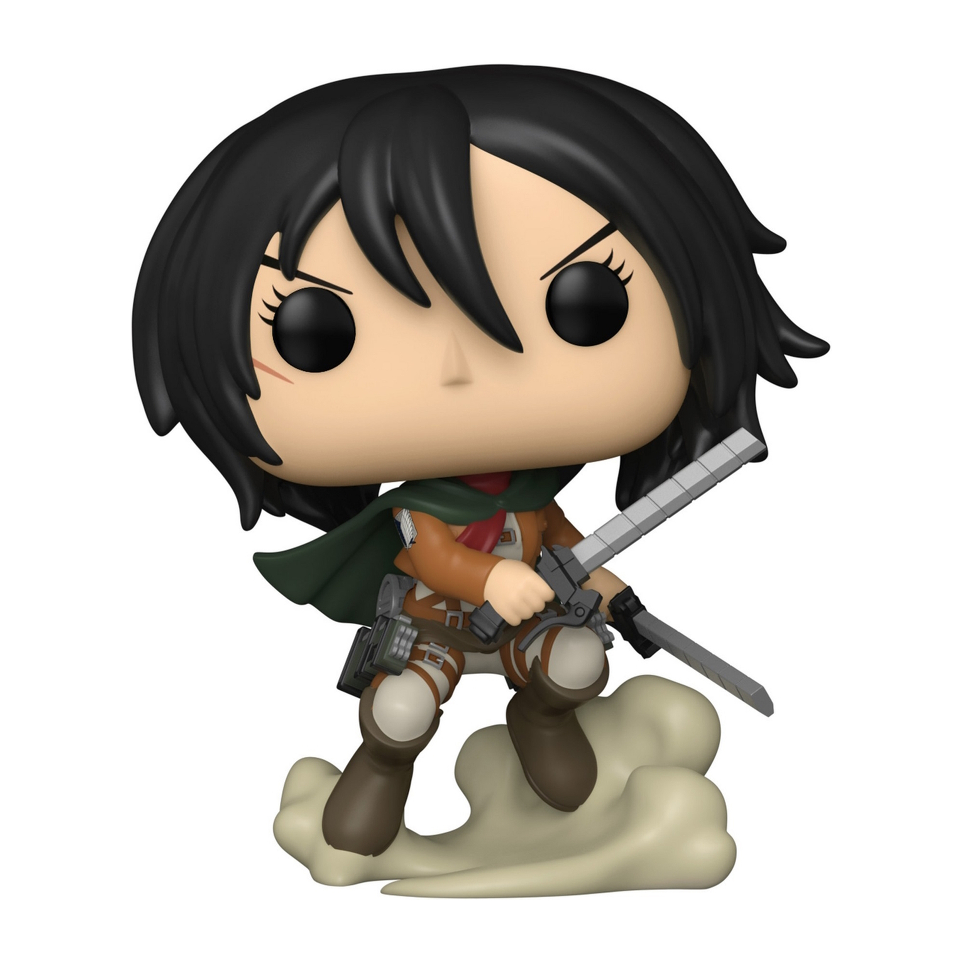 Mikasa Funko Pop Figur mit schwarzen Haaren, Schwertern und in Kampfpose.
