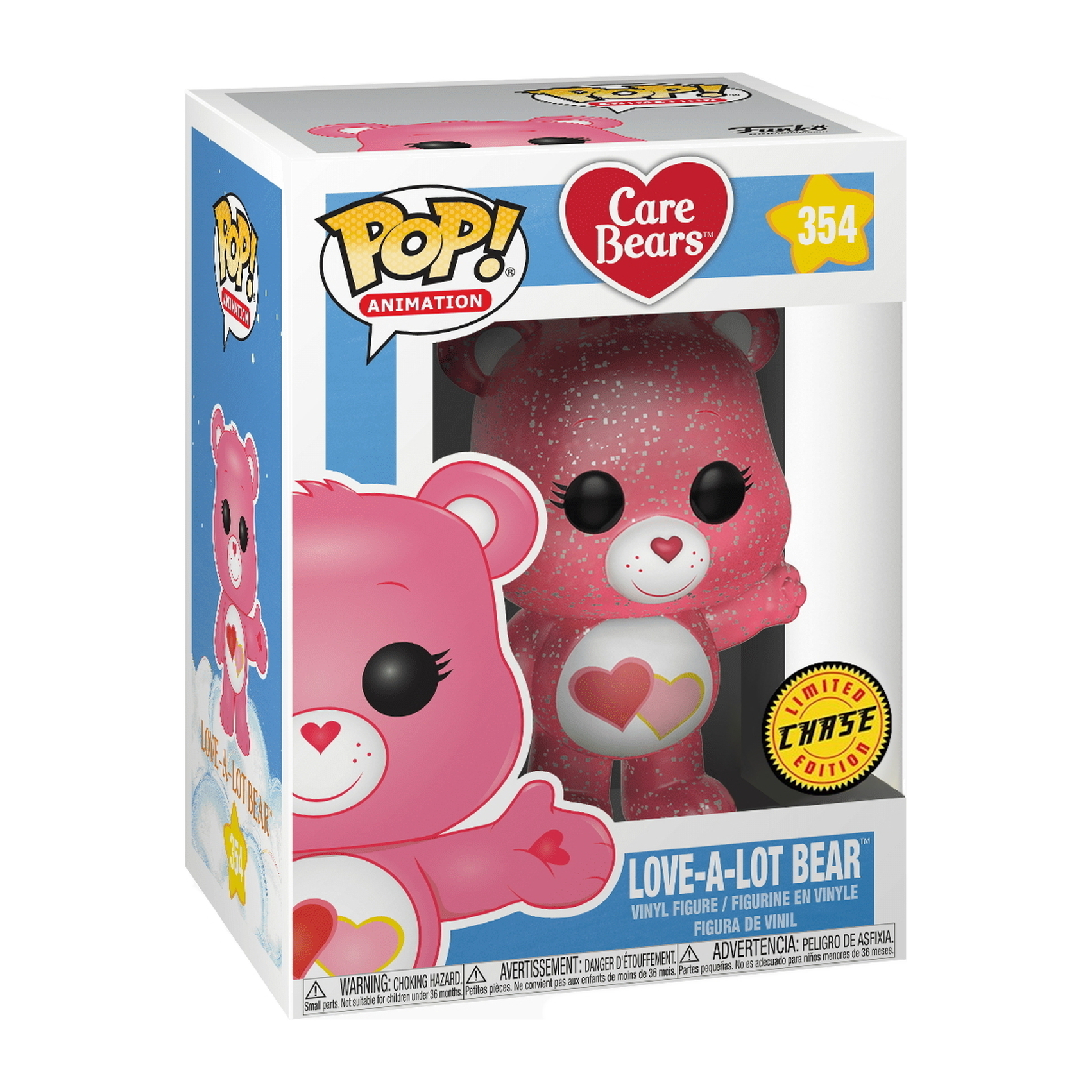 Love-a-Lot Bear Care Bears Figur. Es ist rosa mit einem rosa Herzen auf der Brust und einem Limited Edition Aufkleber.