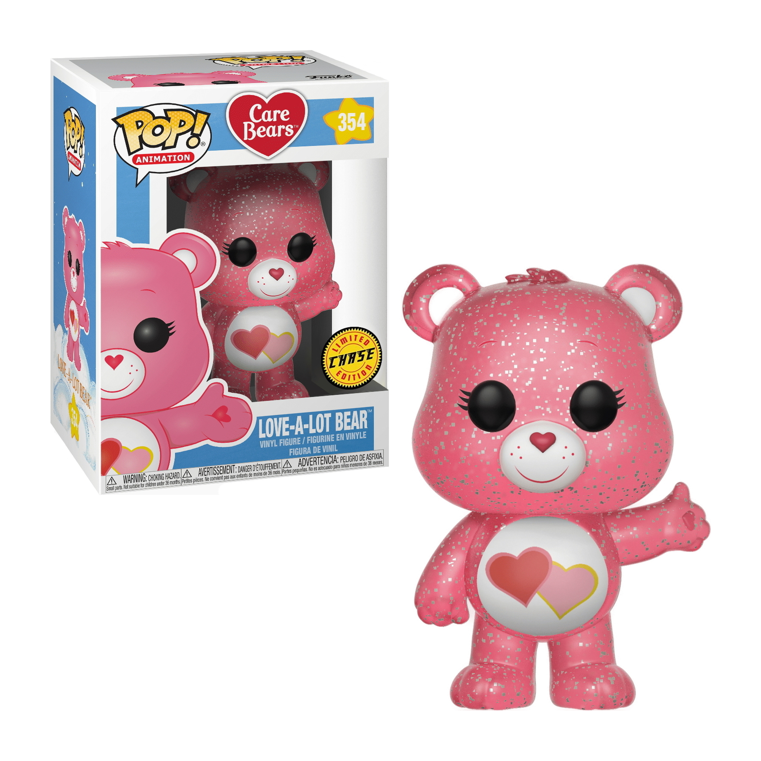 Love-a-lot Bear Figur mit Box. Rosa Bär mit Herzen und Glitzer. Herzen auf Brust und erhobene Hand.