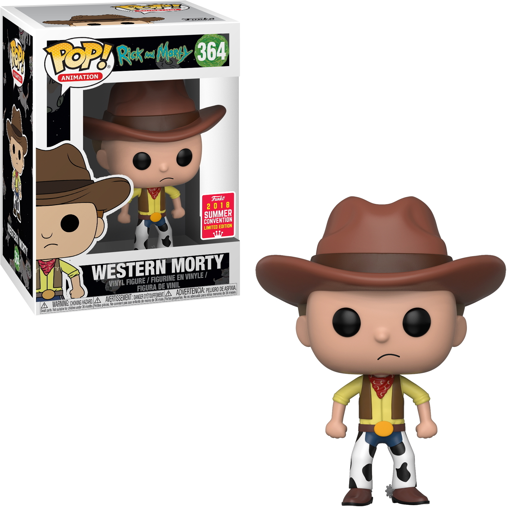 Morty im Cowboy-Outfit Funko Pop Figur, mit braunem Hut und Weste. Der Hintergrund ist eine weiße Box mit Grafiken.
