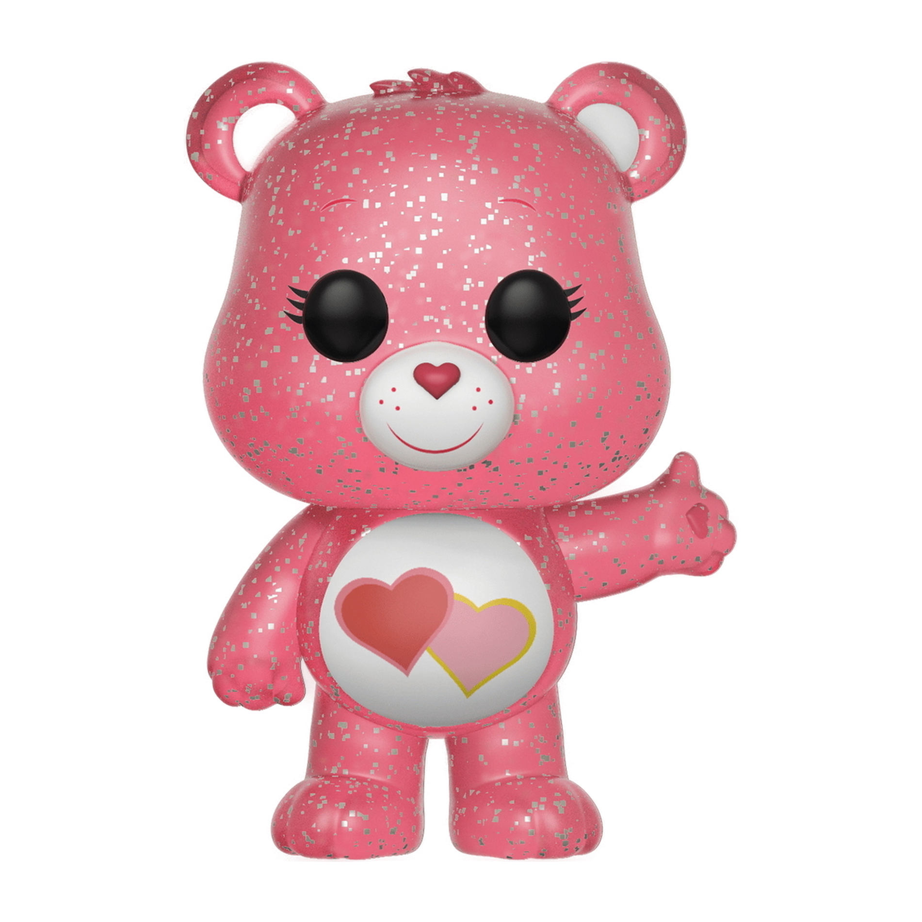Eine Care Bear Funko Pop-Figur eines rosa Bären mit einem Herz auf der Brust, der den Daumen hochhält.
