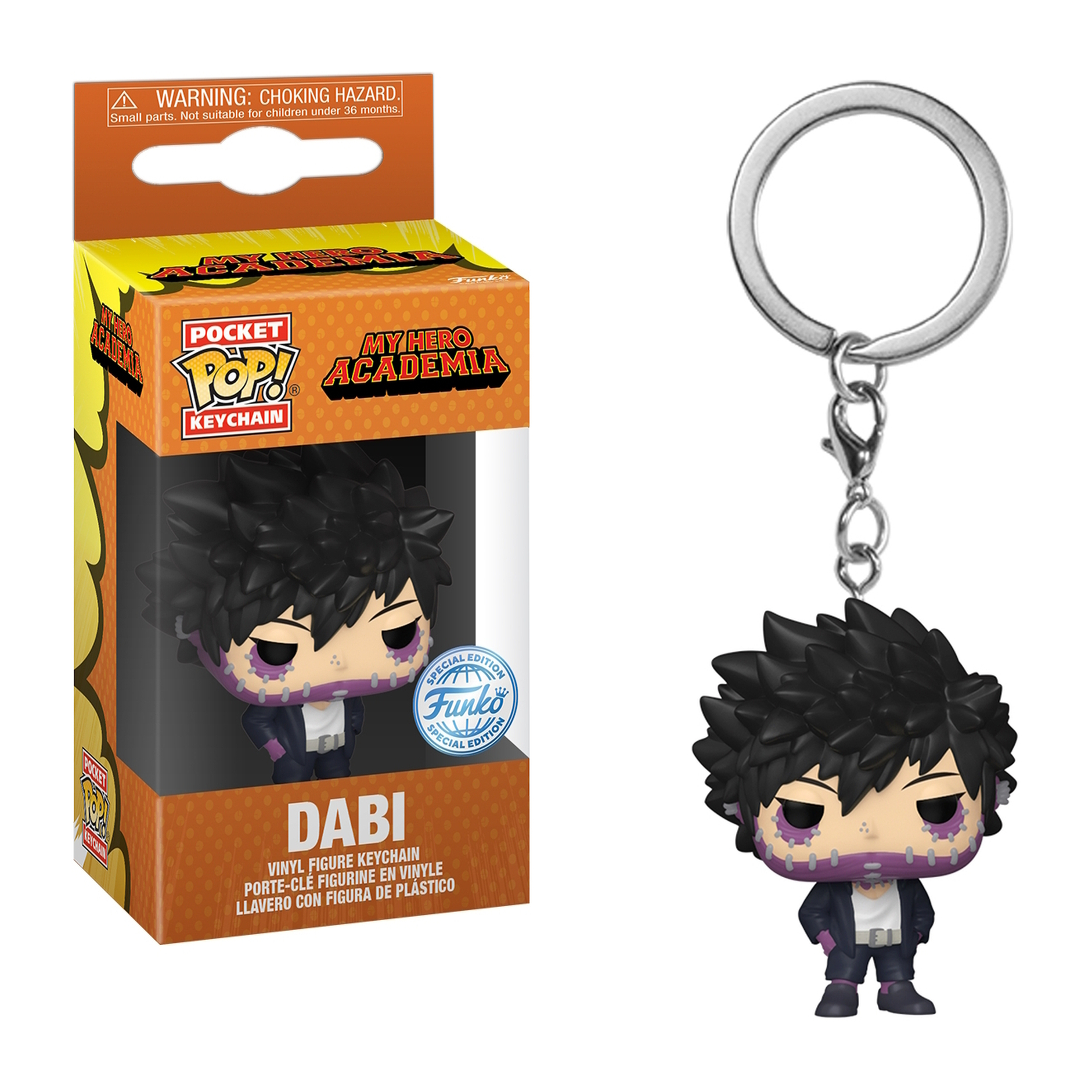 Ein Schlüsselanhänger-Funko Pop von Dabi aus My Hero Academia. Er hat dunkle, stachelige Haare und Verbrennungen.